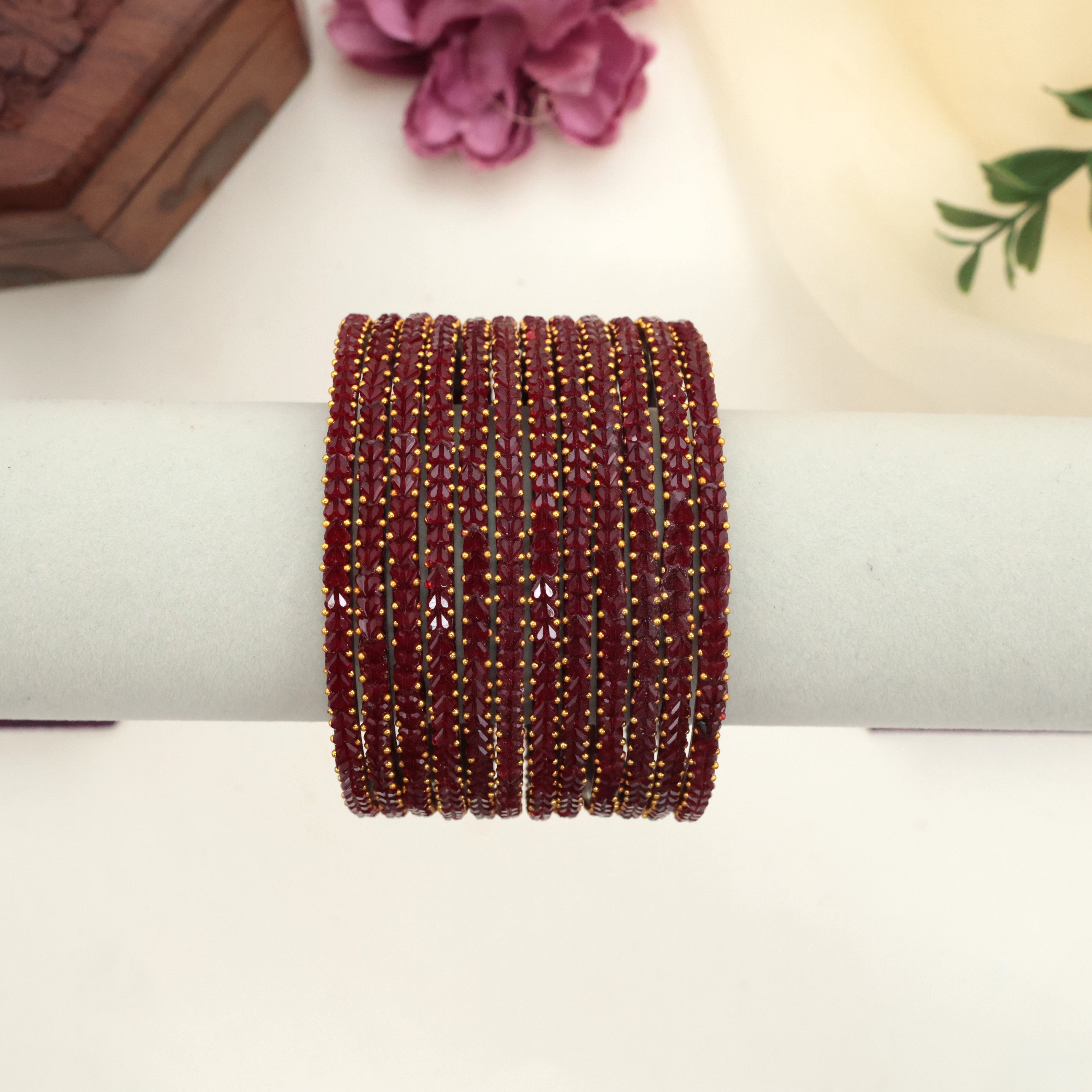 Premium Thick Heart Drop Glass Bangles - Maroon