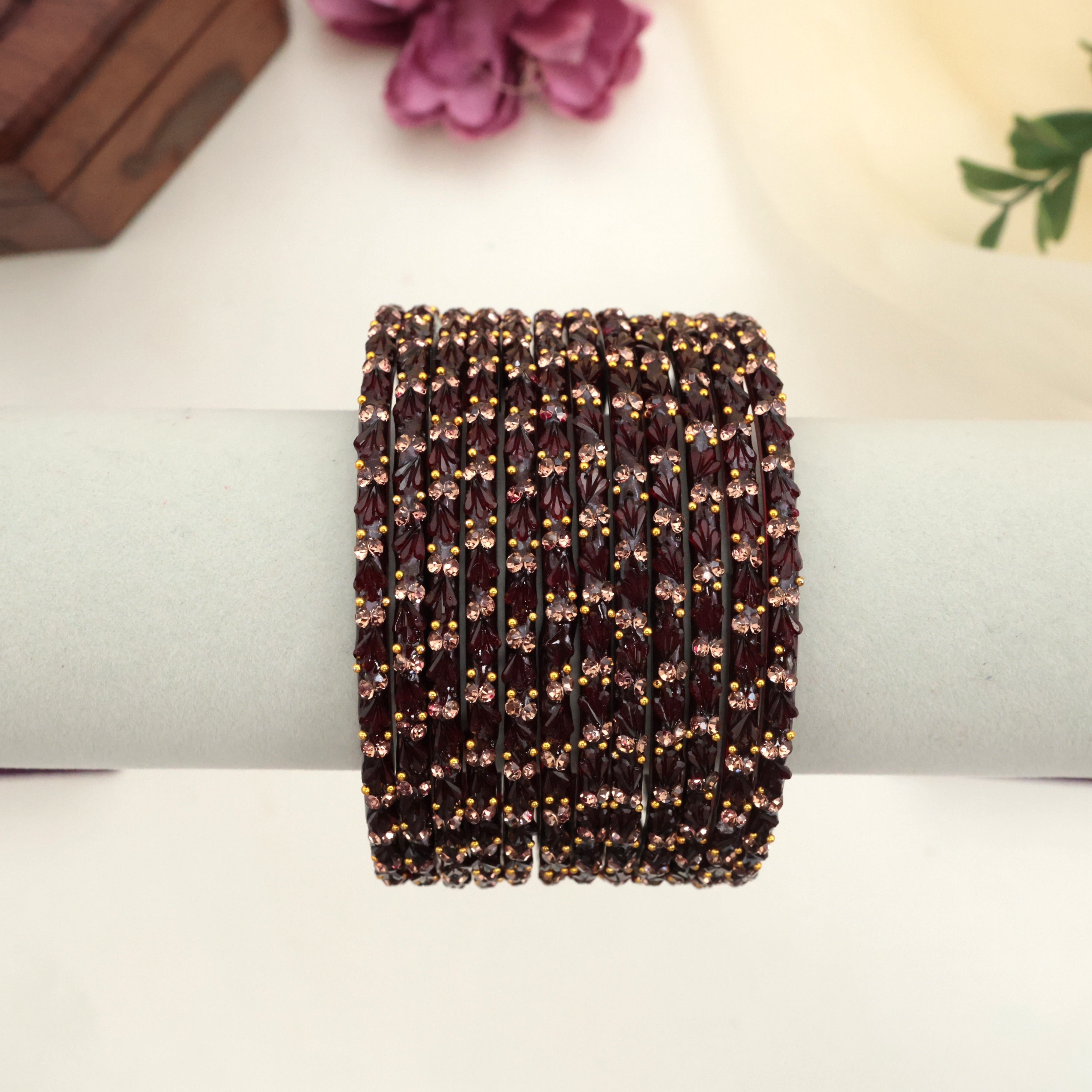 Premium Stone Work Tulip Cut Glass Bangles - Maroon