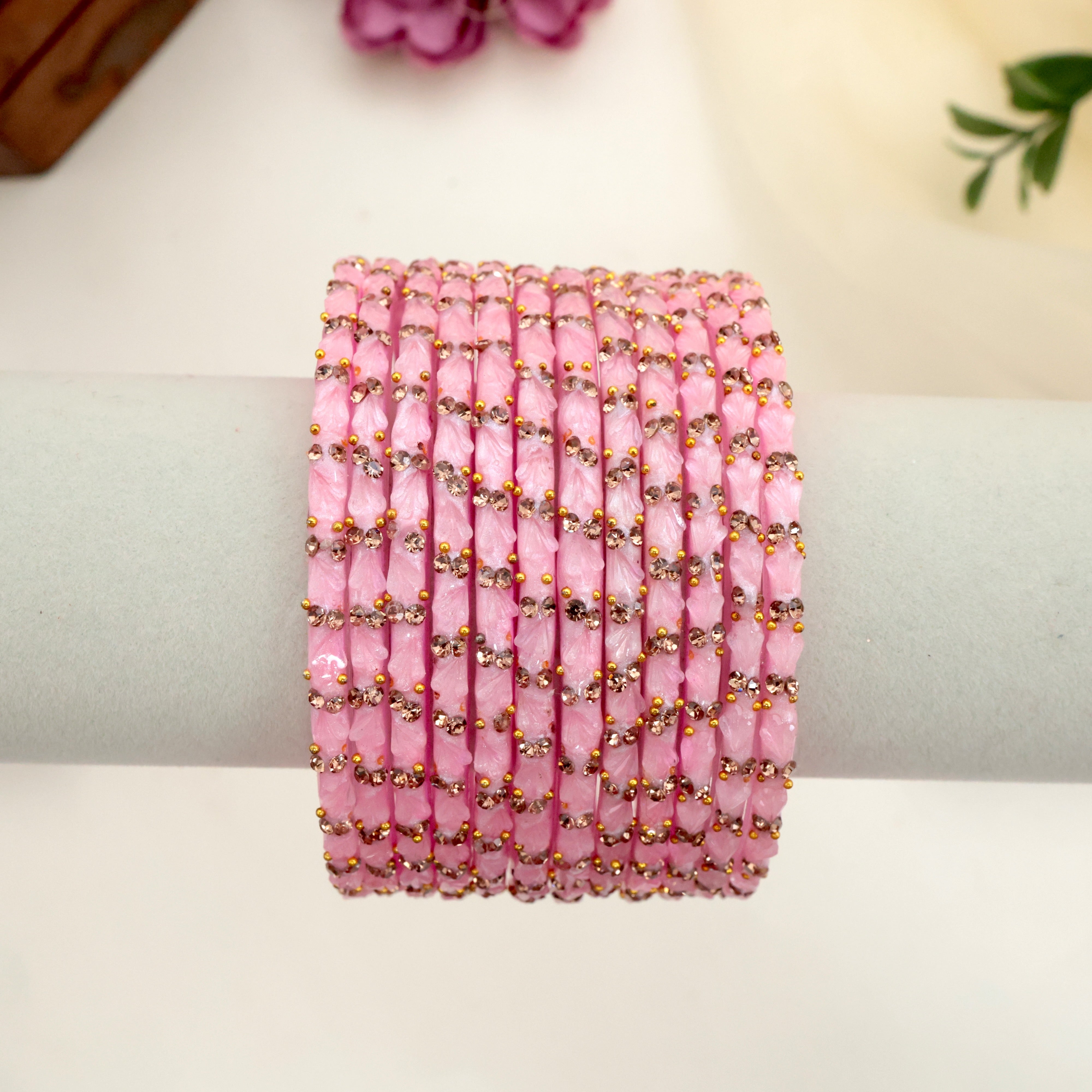 Premium Stone Work Tulip Cut Glass Bangles - Rose