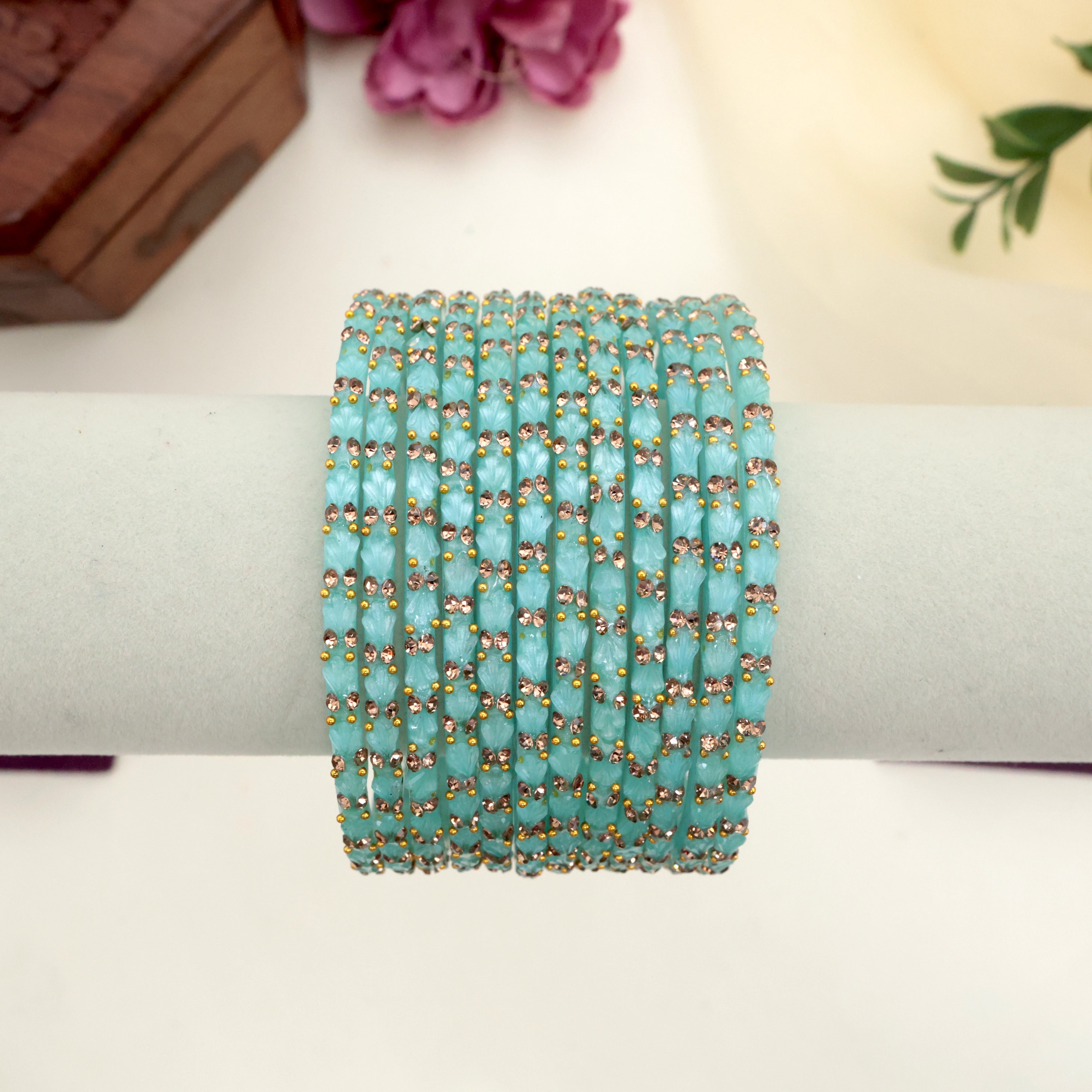 PREMIUM TULIP CUT STONE WORK GLASS BANGLES - ICE BLUE