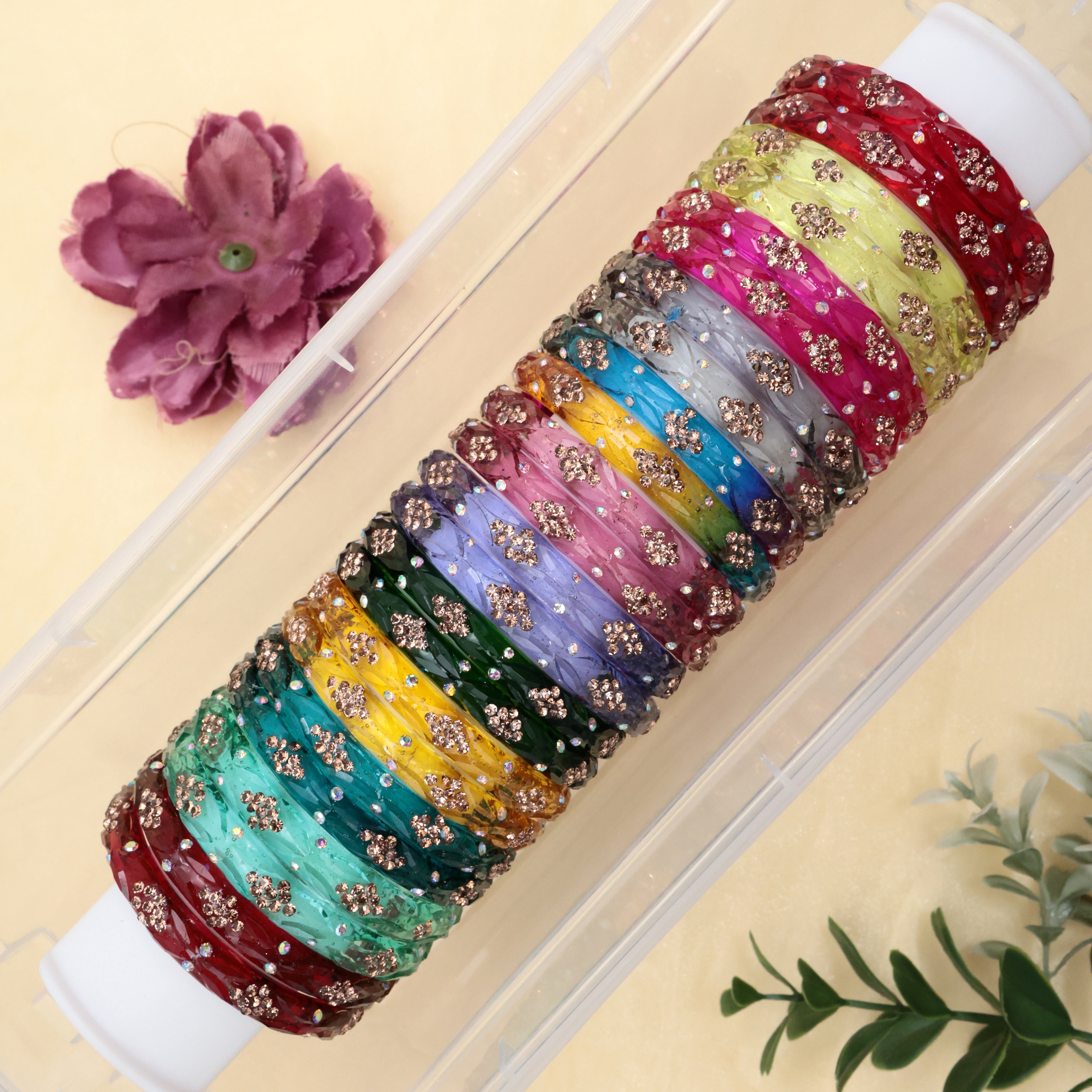 PREMIUM THICK CRYSTAL CUT STONE WORK KADA KIDS GLASS BANGLES COMBO - 12 PAIRS