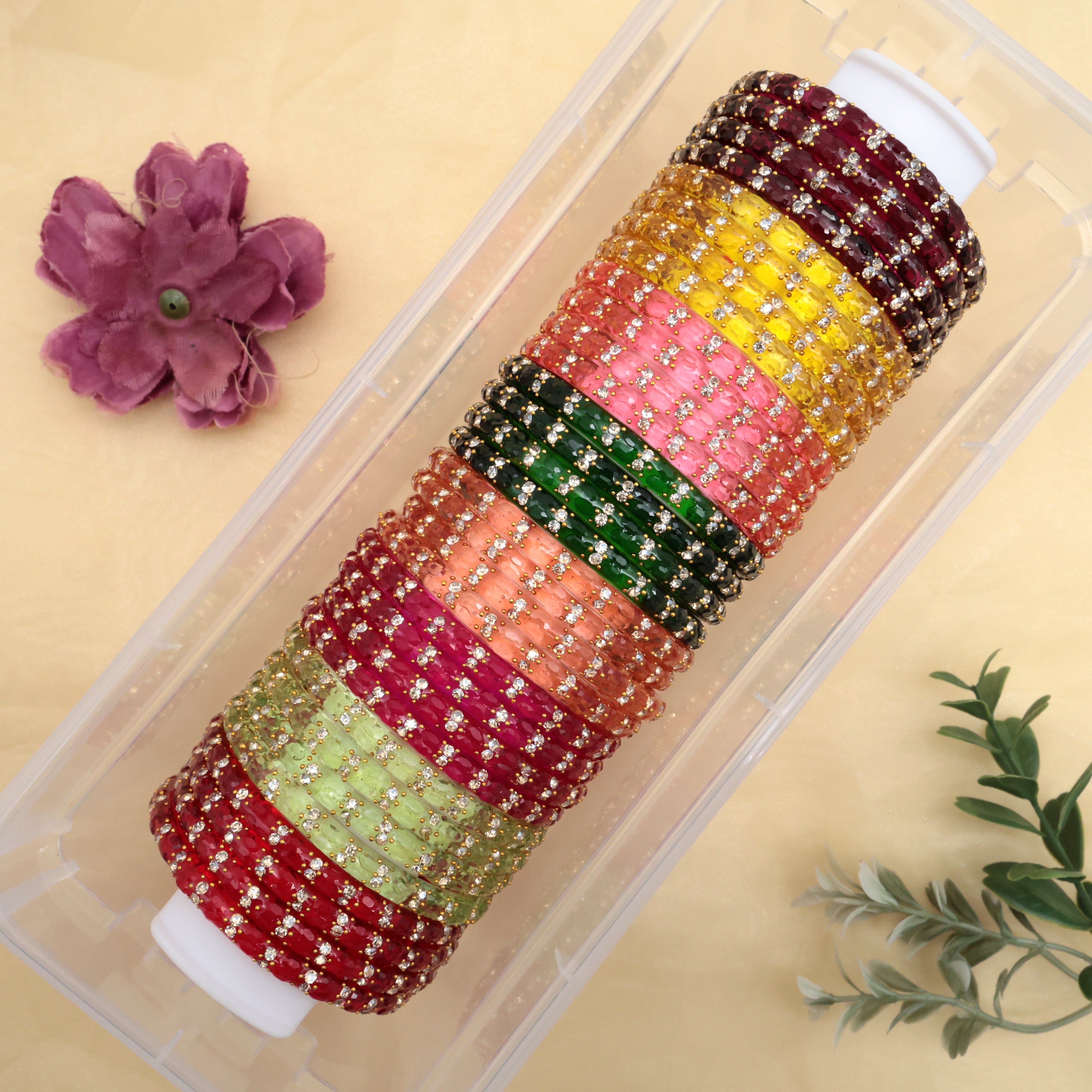 PREMIUM THICK STONE BRIDAL SET OF 4 GLASS BANGLES 8 COLOUR COMBO