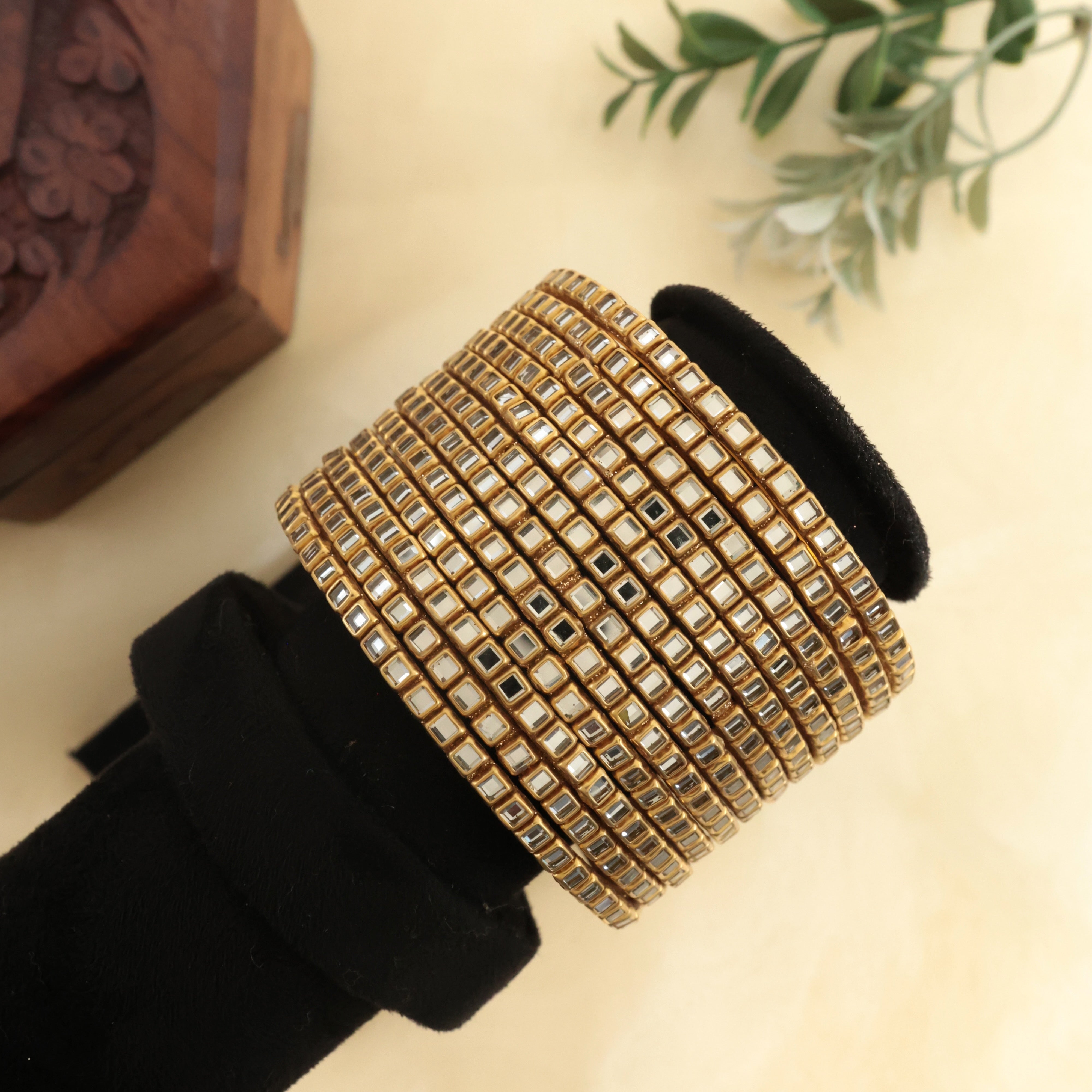 GOLDEN KUNDAN FESTIVE/PARTY WEAR GLASS BANGLES - ONE DOZEN