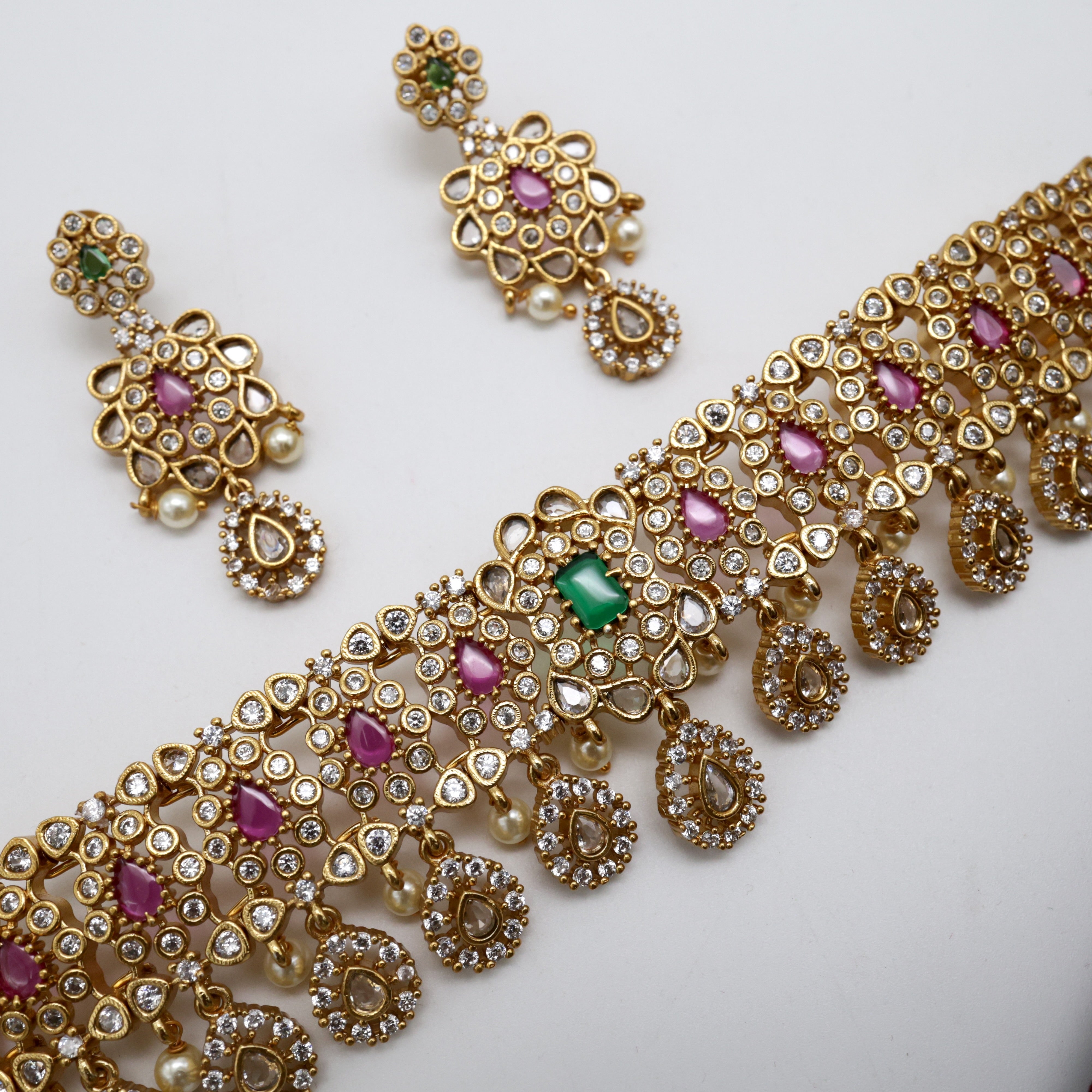 Antique AD Kemp Thilak Drops High Neck Bridal Choker Set