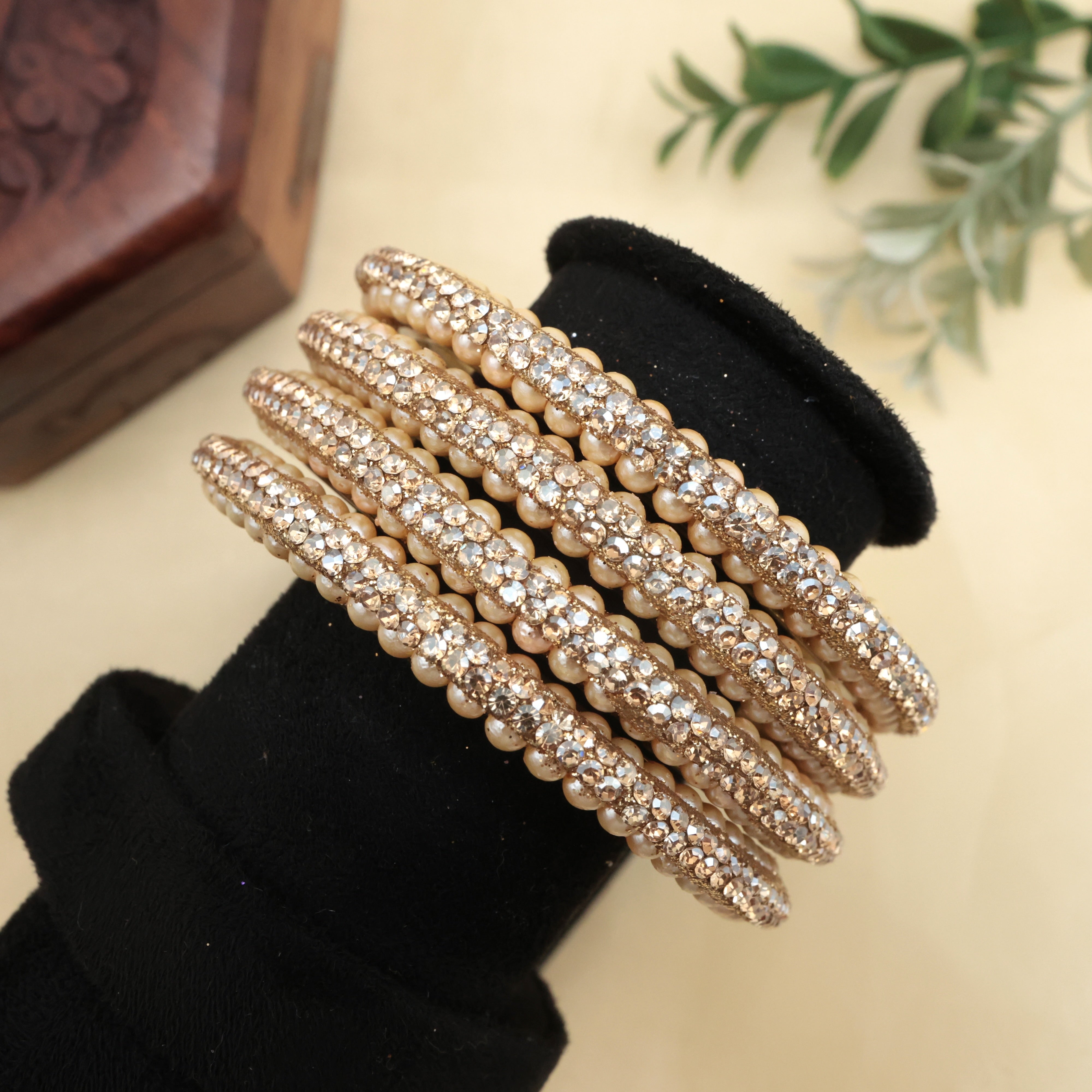 SET OF 4 STONEWORK PEARL BORDER BANGLES - GLASS PEARL BRIDAL BANGLES