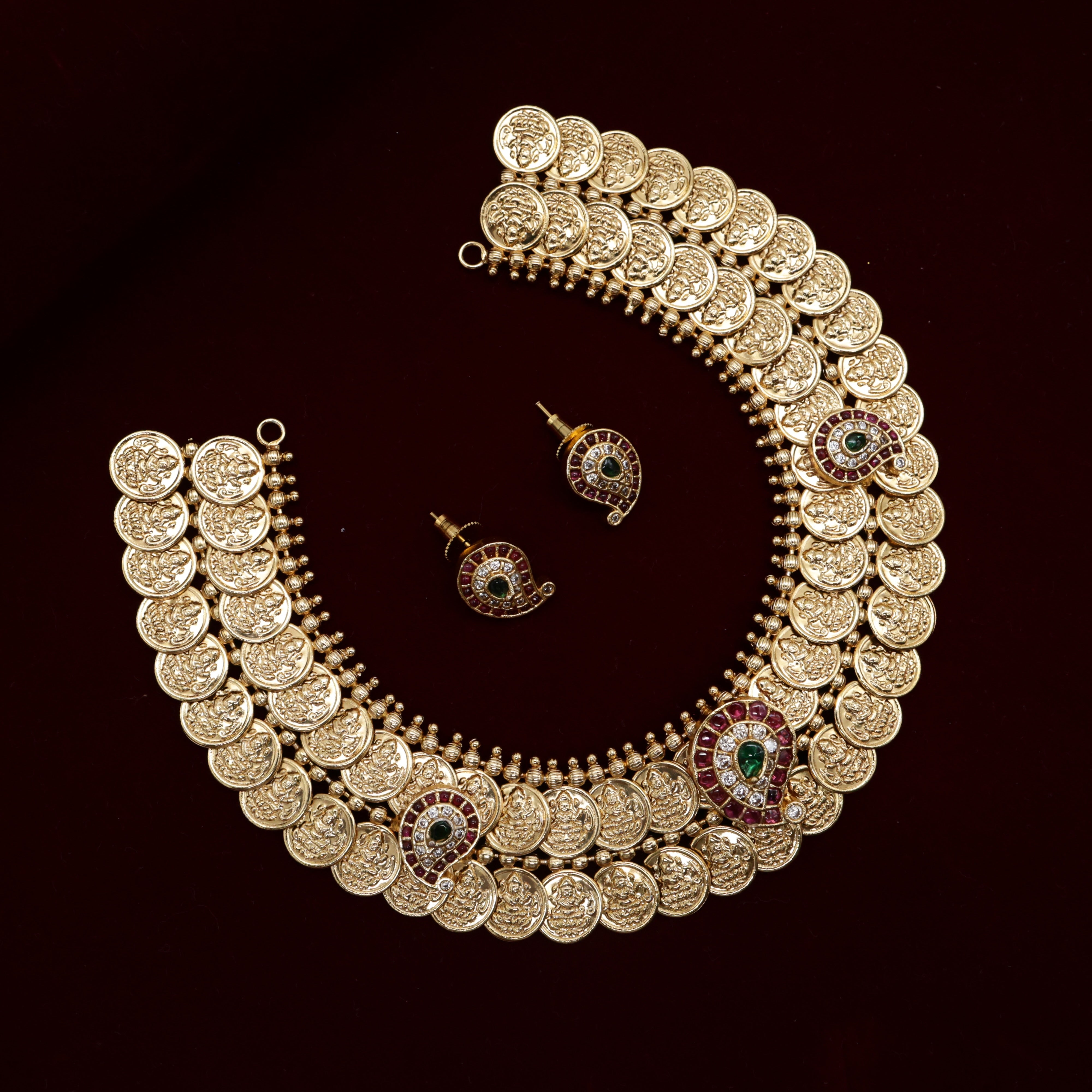 Double Layer Lakshmi Coin AD Kemp Mango Necklace Set