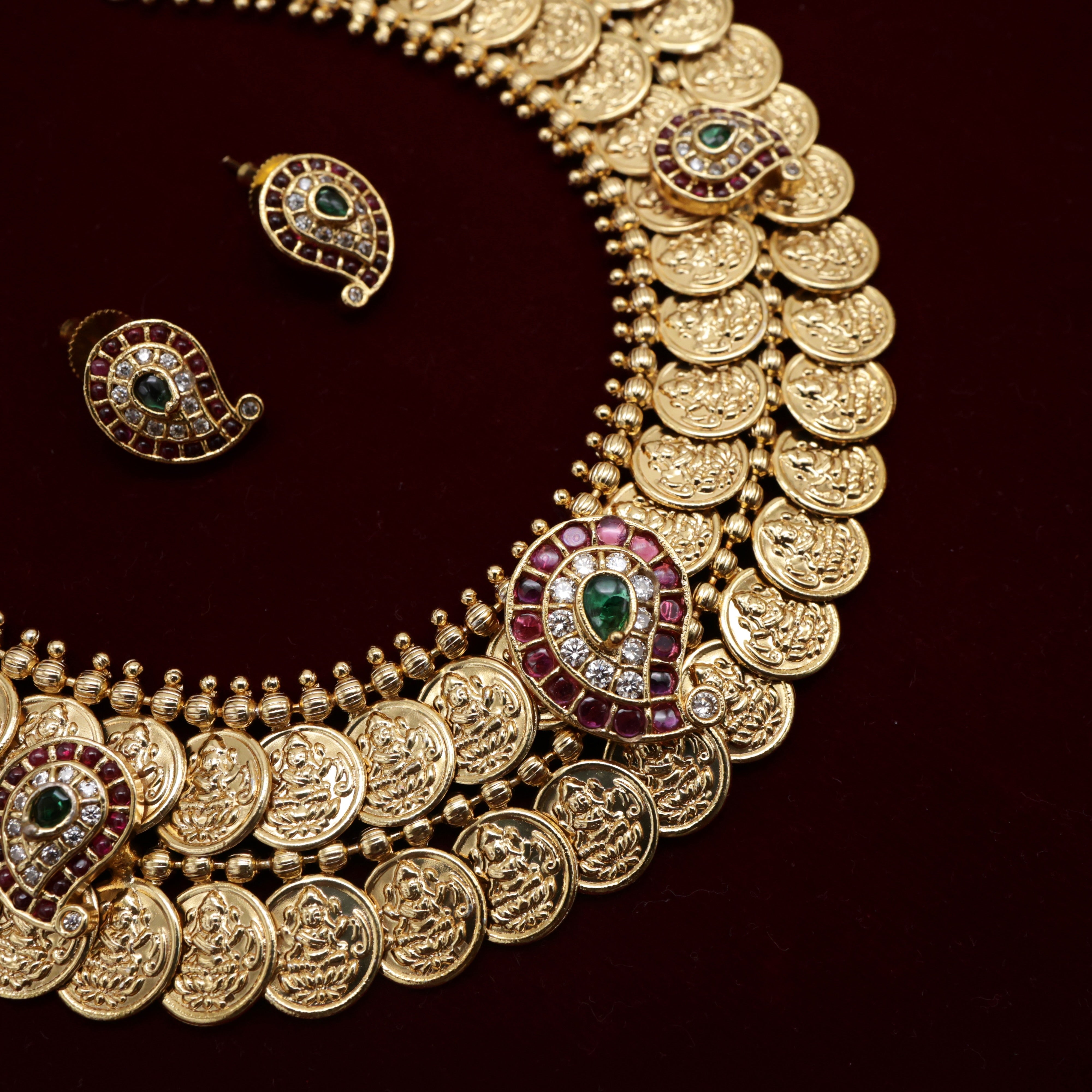 Double Layer Lakshmi Coin AD Kemp Mango Necklace Set