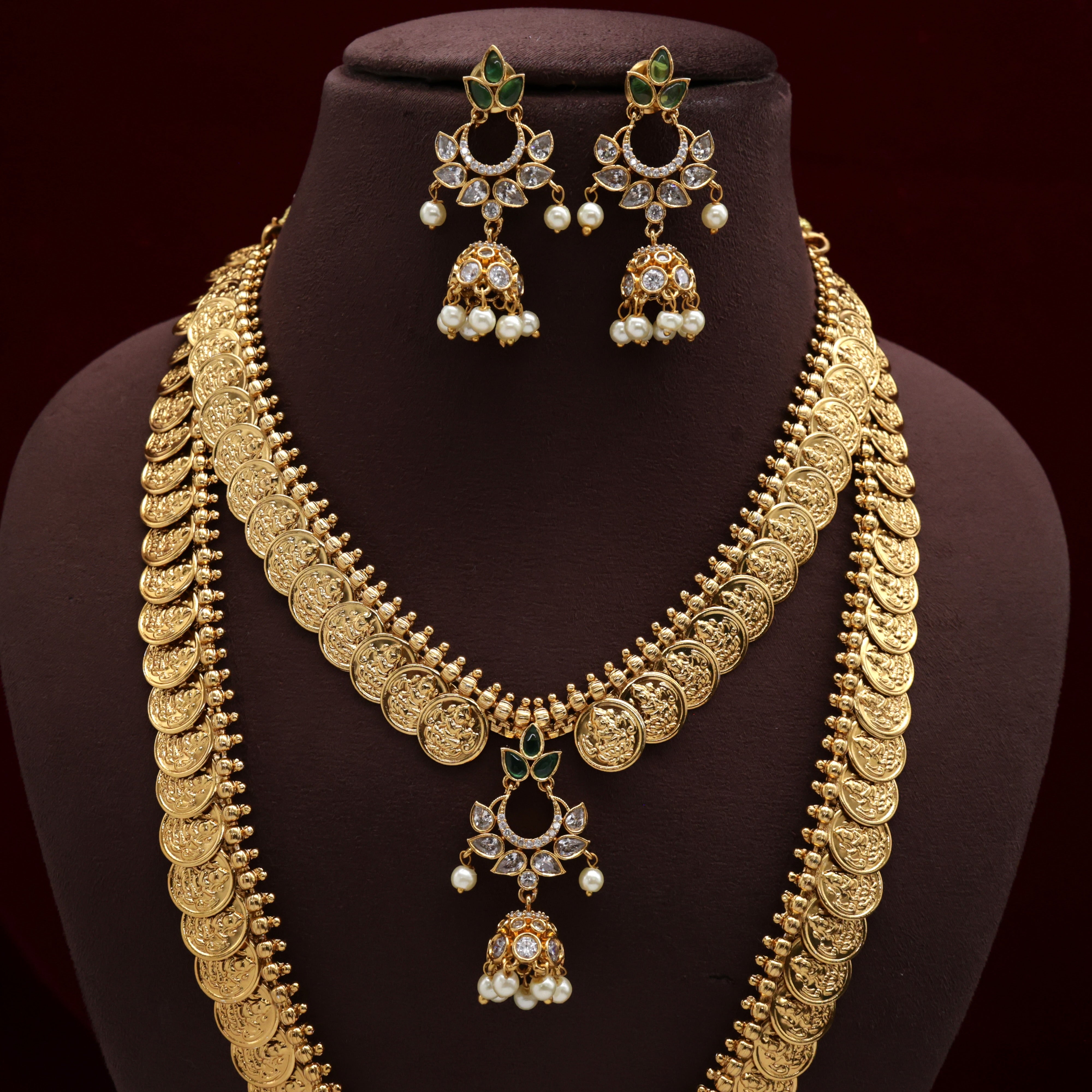 Gold Look Jhumka Pendant Lakshmi Kaasu Mala Combo Set