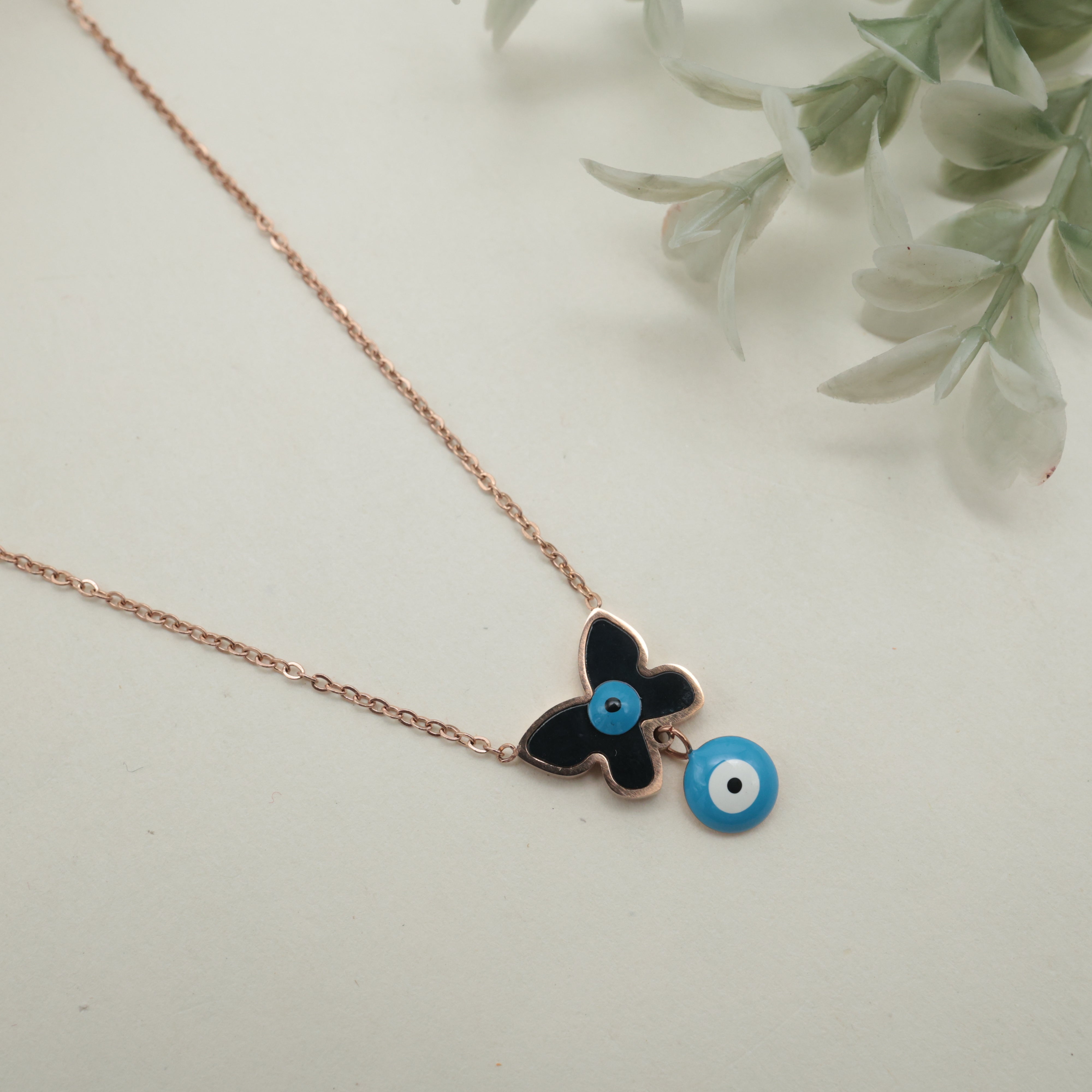 ROSE GOLD TONE ANTI TARNISH SHORT CHAIN - BLACK EVIL EYE BUTTERFLY