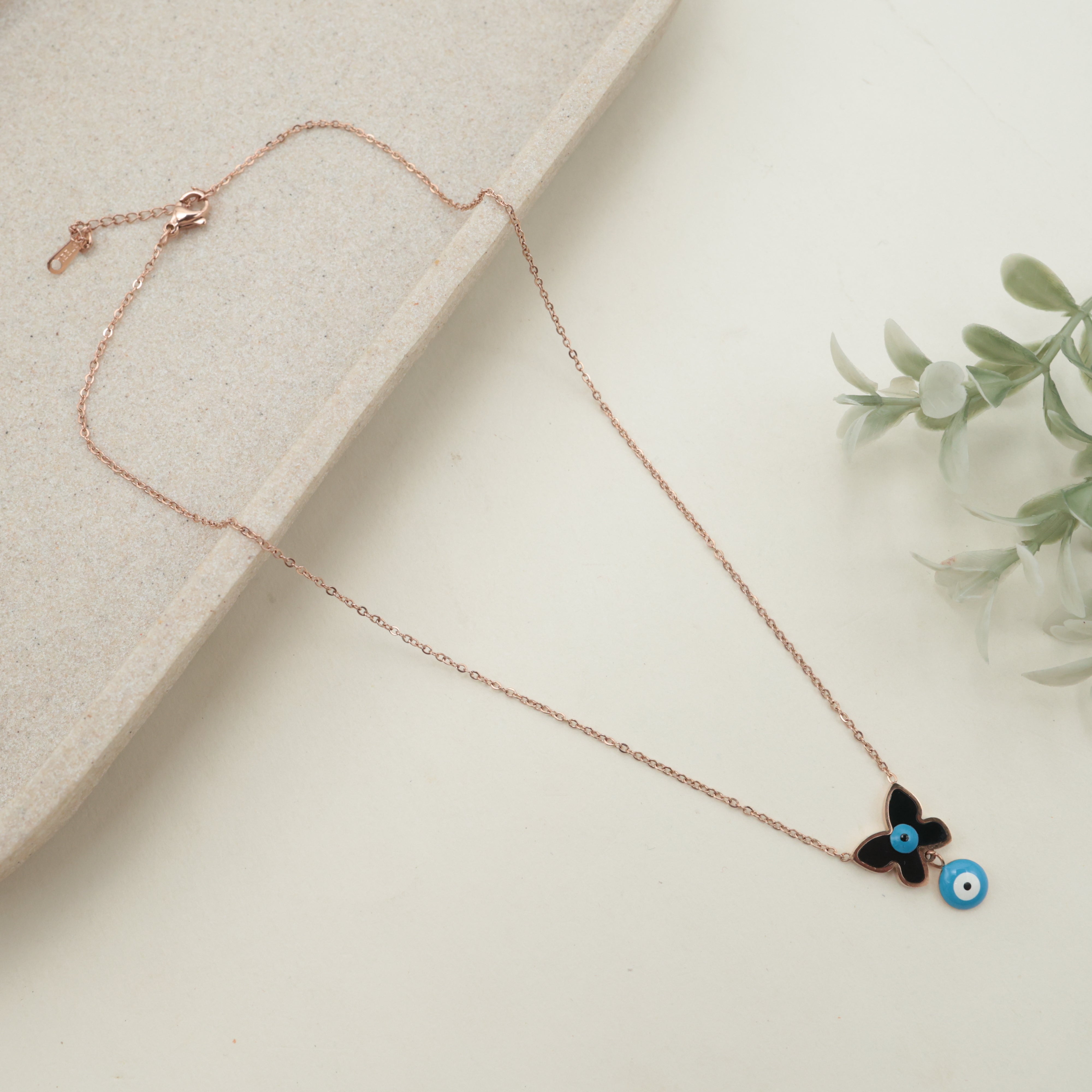 ROSE GOLD TONE ANTI TARNISH SHORT CHAIN - BLACK EVIL EYE BUTTERFLY