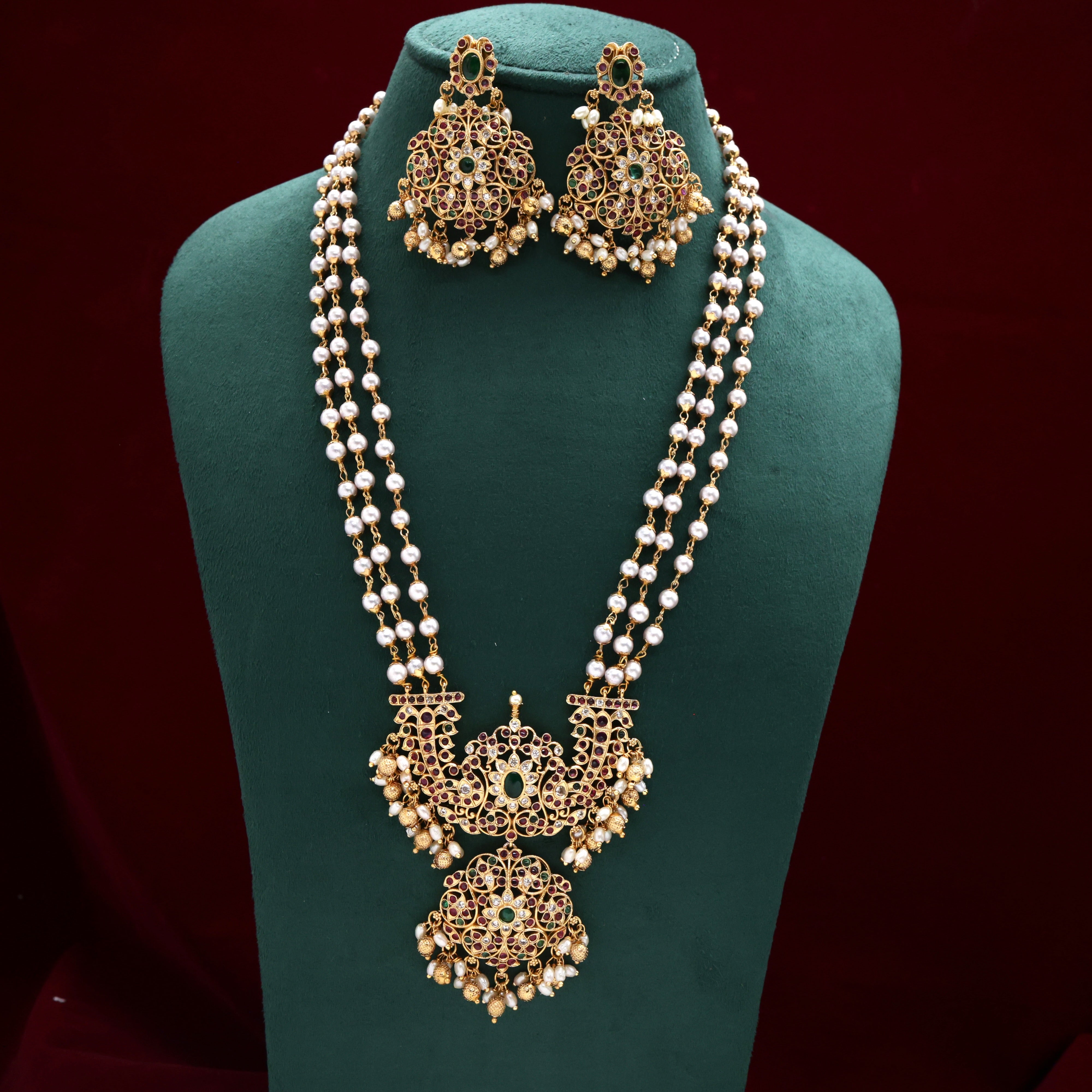 Antique Kemp 3 Layer Pearls Rettapakshi Pendant Rani Haaram Set