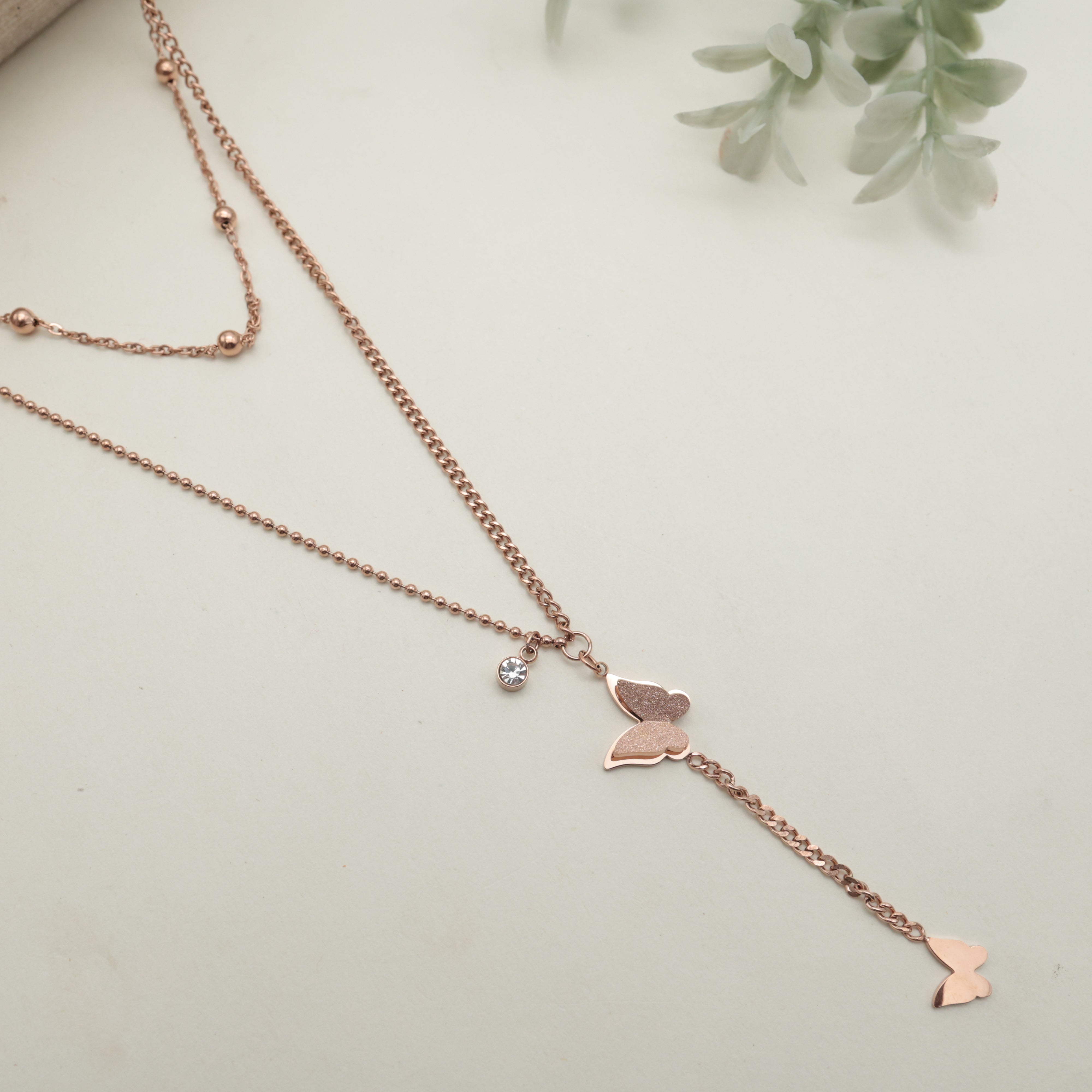 ROSE GOLD TONE TWO LAYER ANTI TARNISH SHORT CHAIN - LITTLE BUTTERFLY
