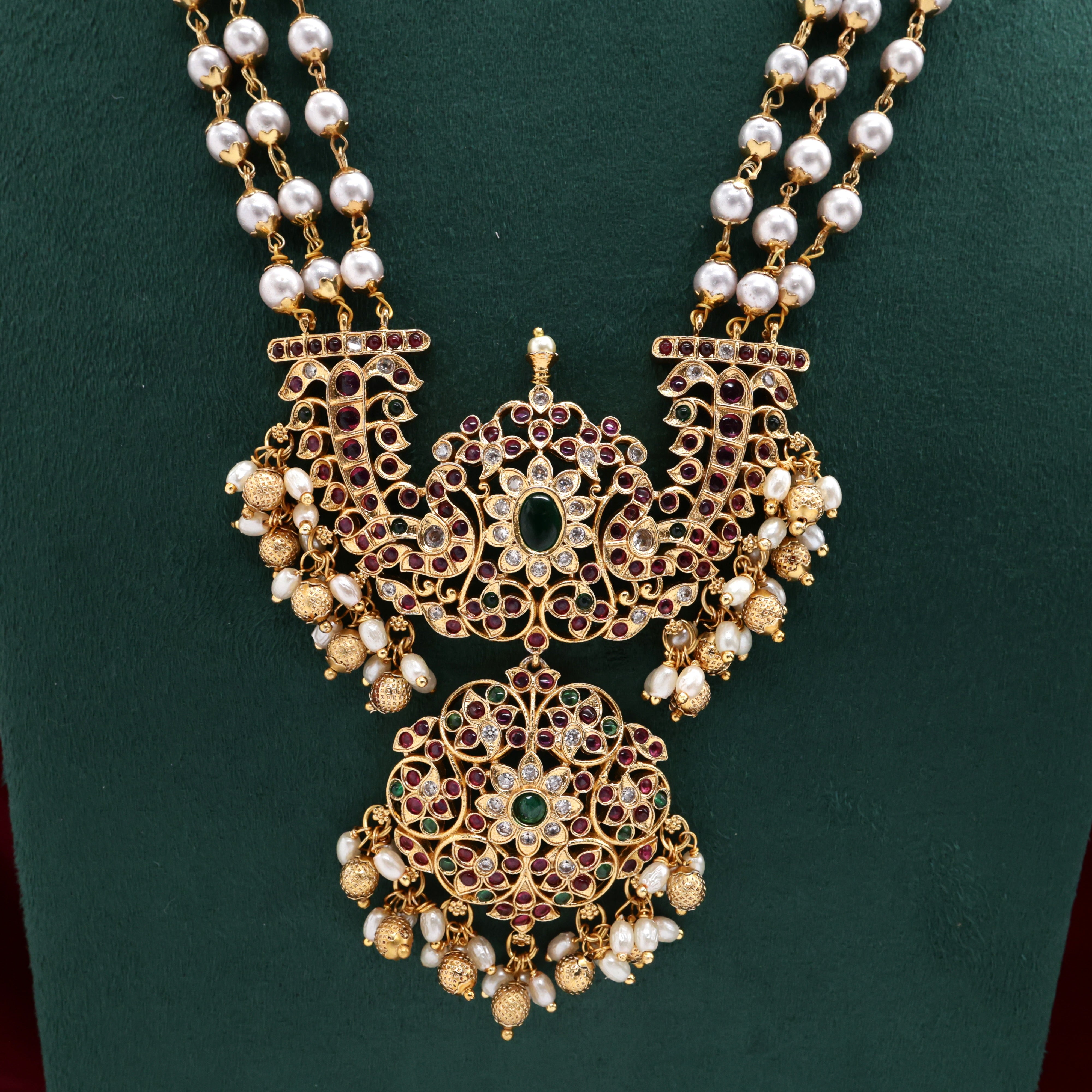 Antique Kemp 3 Layer Pearls Rettapakshi Pendant Rani Haaram Set