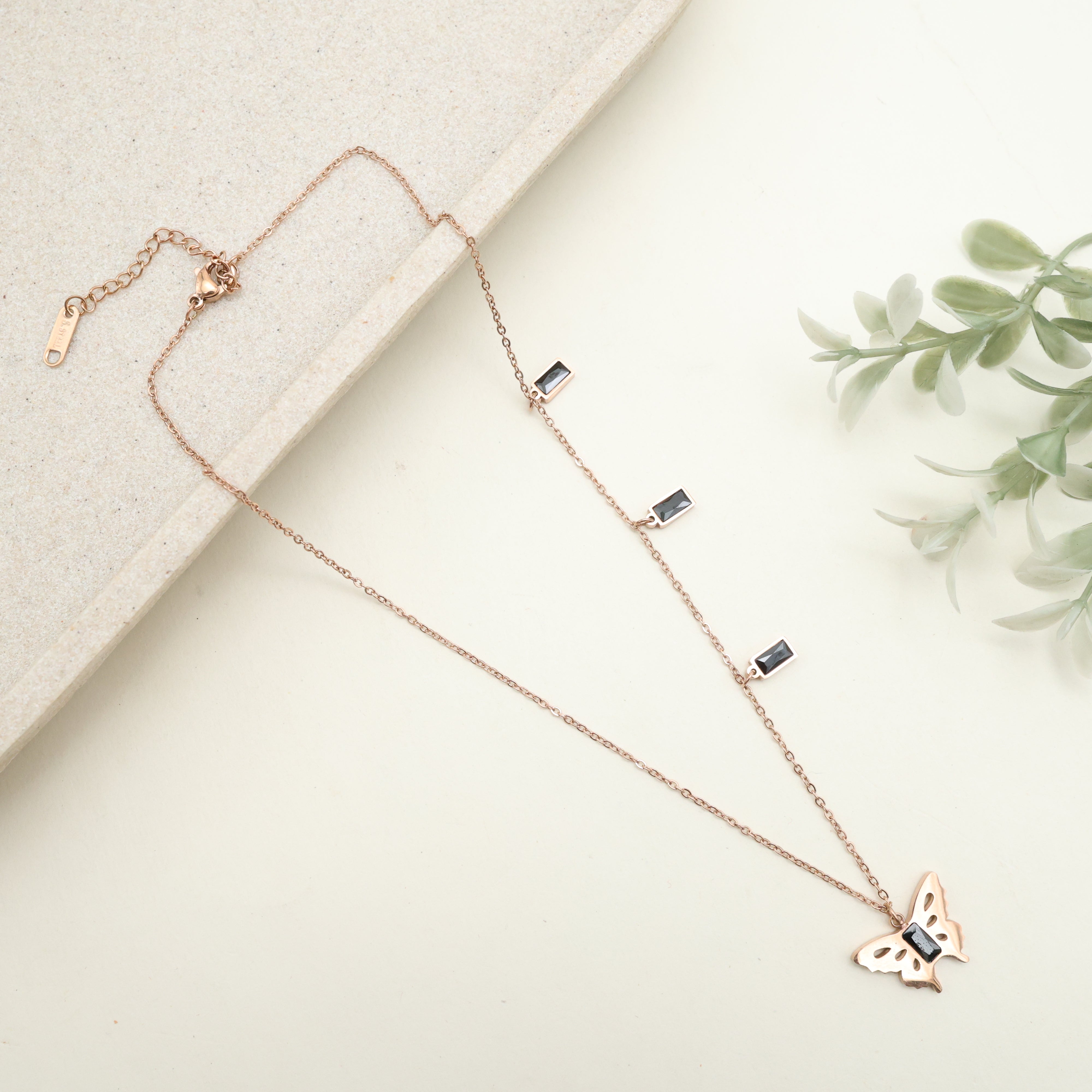 ROSE GOLD TONE ANTI TARNISH SHORT CHAIN - BLACK BARS BUTTERFLY
