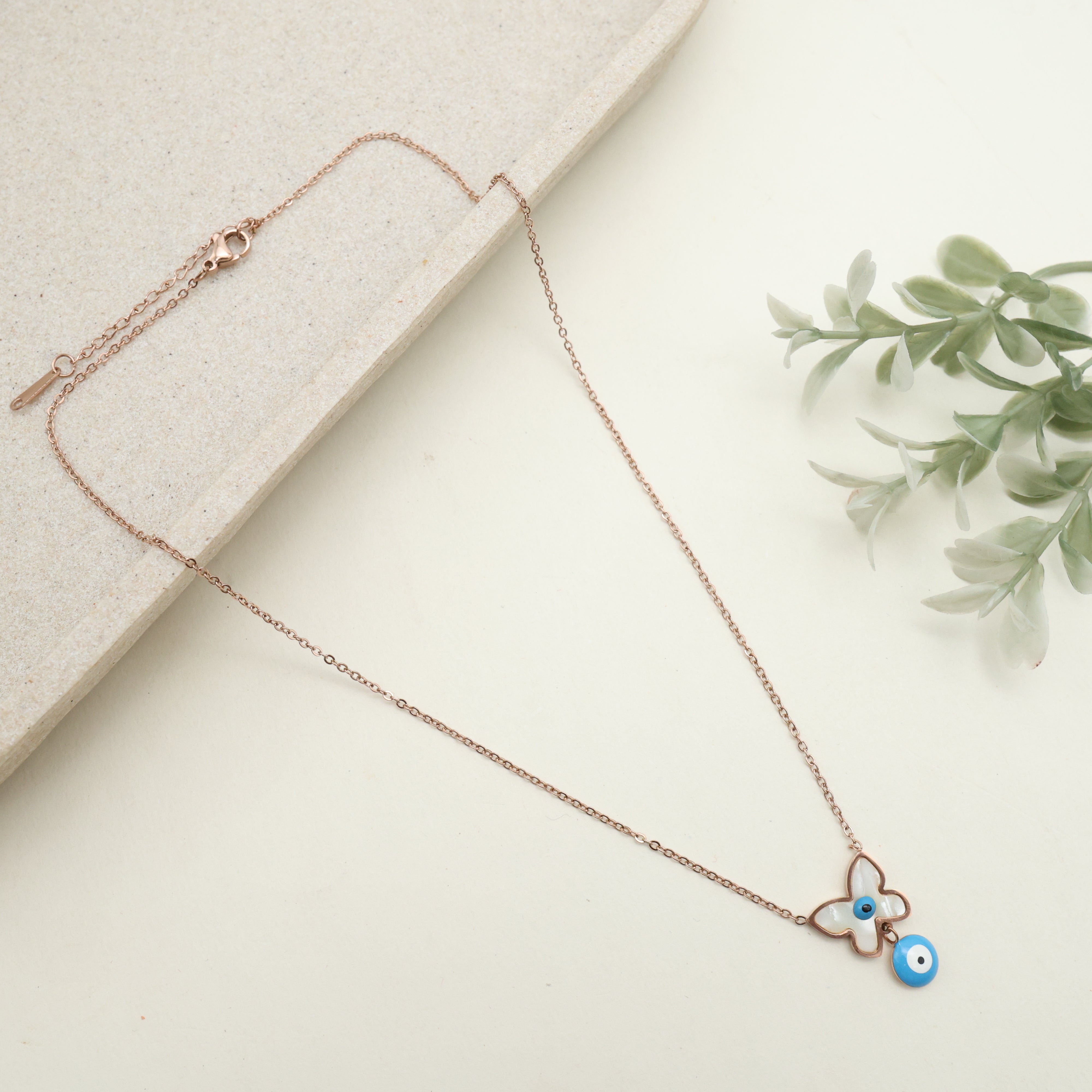 ROSE GOLD TONE ANTI TARNISH SHORT CHAIN - WHITE EVIL EYE BUTTERFLY
