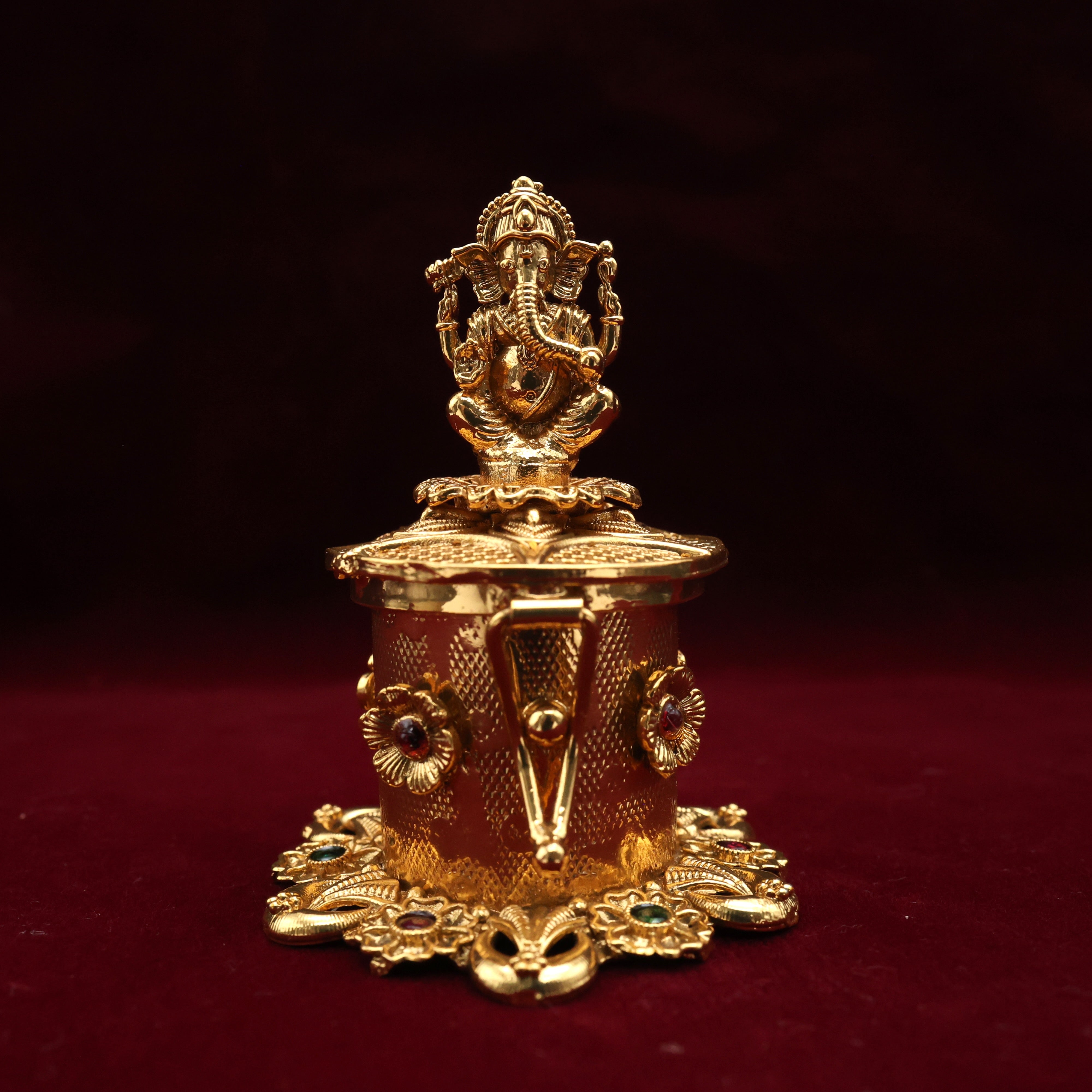 ANTIQUE GOLD GANESHA TALL KUMKUM BOX - SINDOOR DABBI