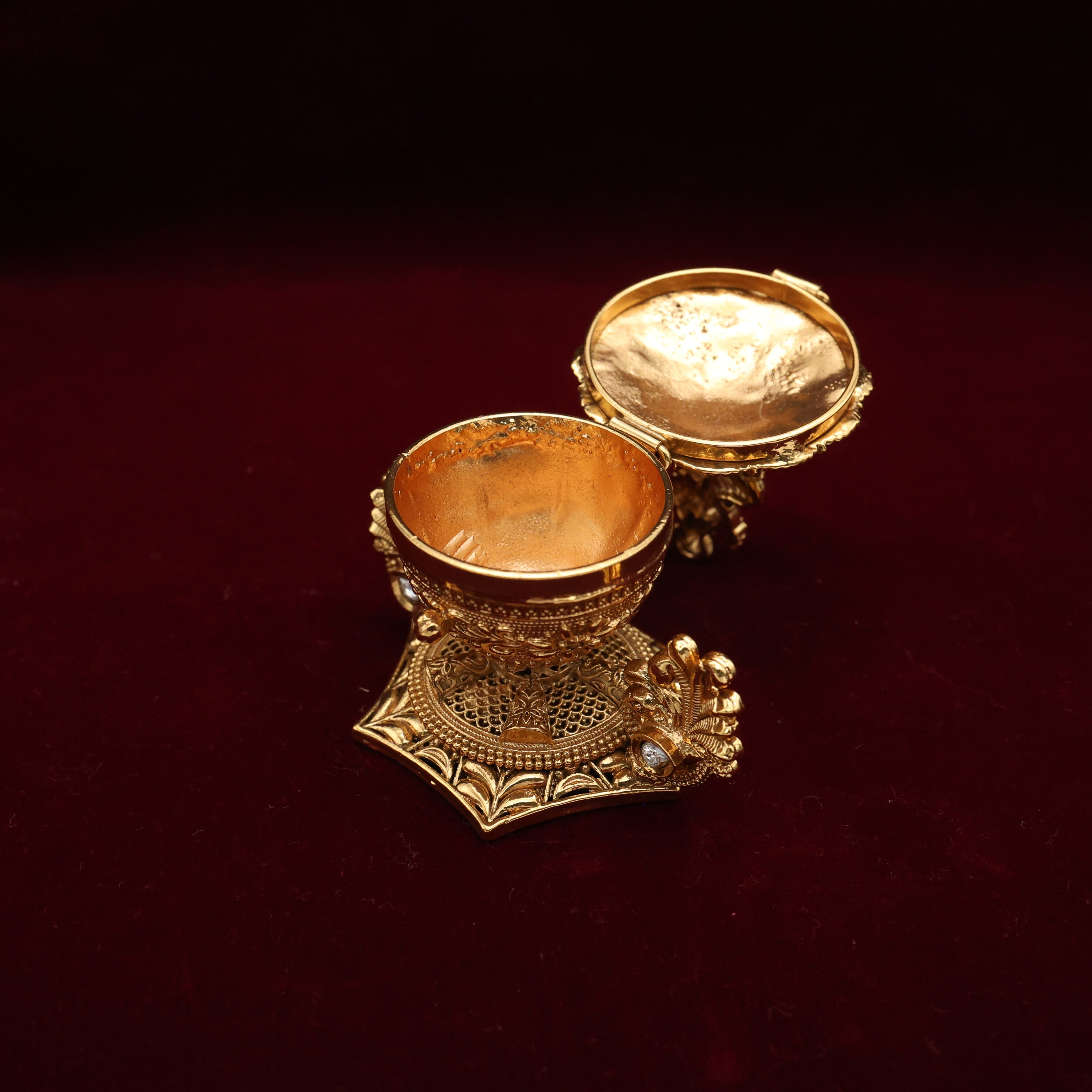 ANTIQUE GOLD PEACOCK LAKSHMI DEVI KUMKUM BOX - SINDOOR DABBI