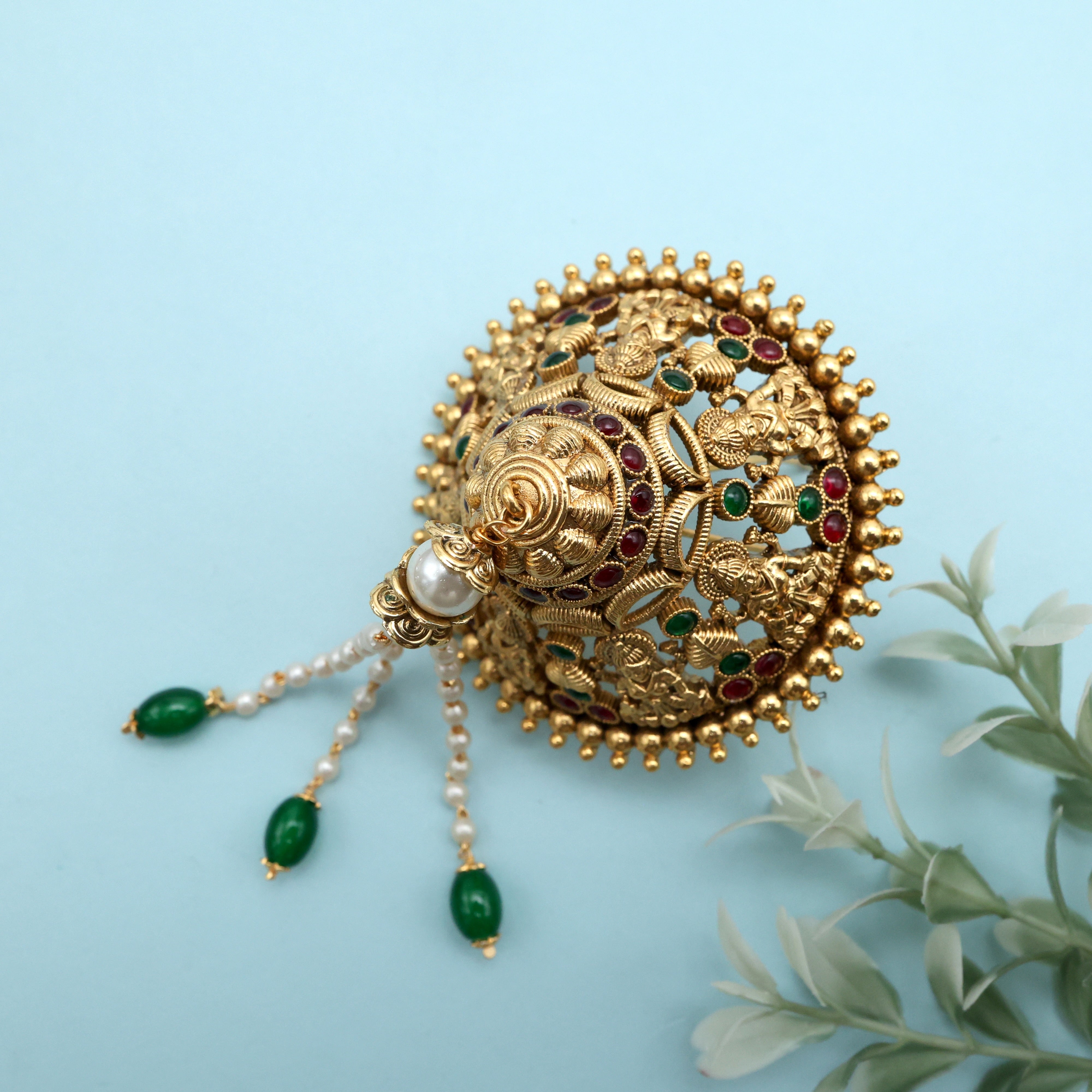 ANTIQUE GOLD PREMIUM NAGASI LAKSHMI TRADITIONAL AD KEMP ANDAL KONDAI - IYENGAR BRIDAL HAIR ACCESSORY