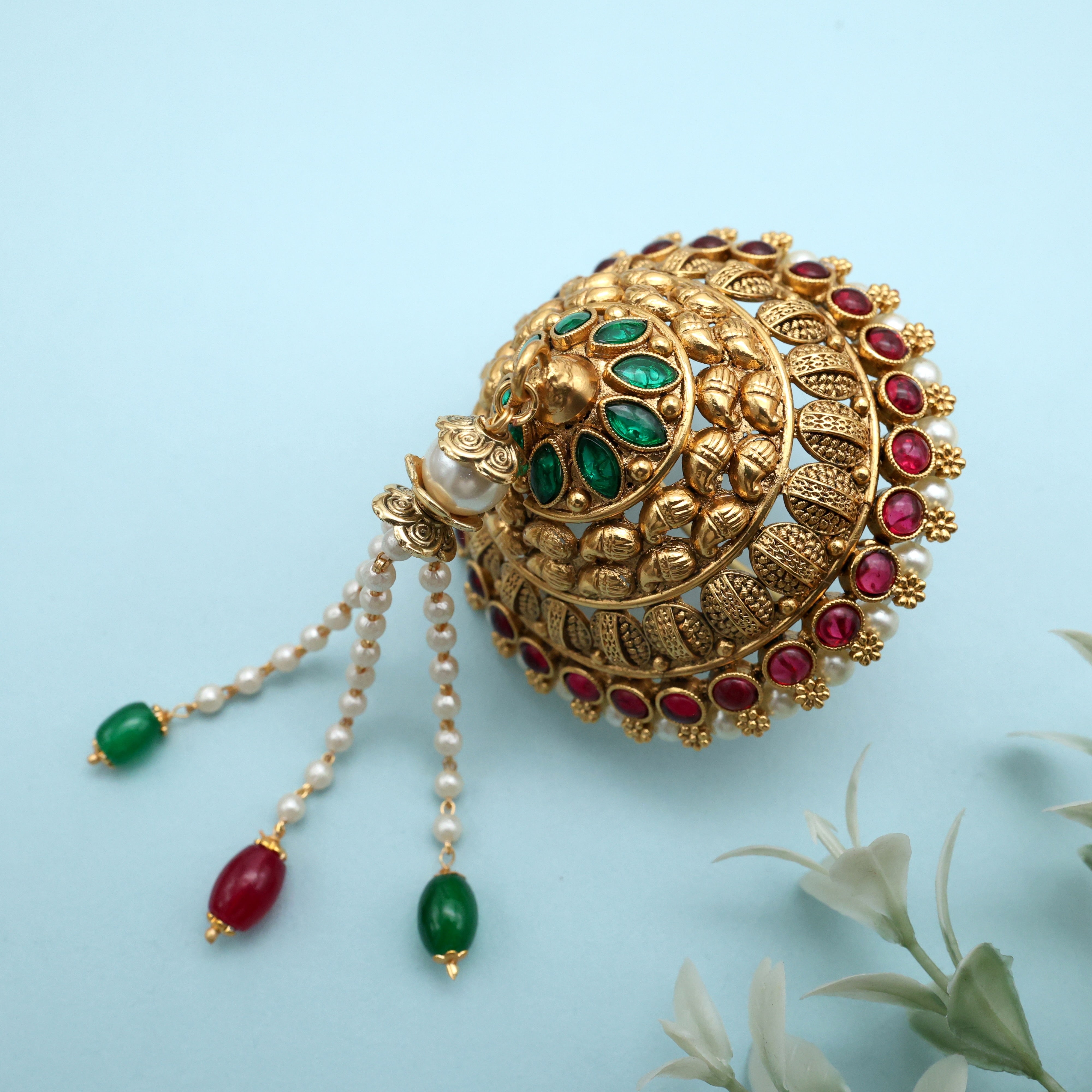 ANTIQUE GOLD PREMIUM DOUBLE LINE PAISLEY TRADITIONAL AD KEMP ANDAL KONDAI - IYENGAR BRIDAL HAIR ACCESSORY