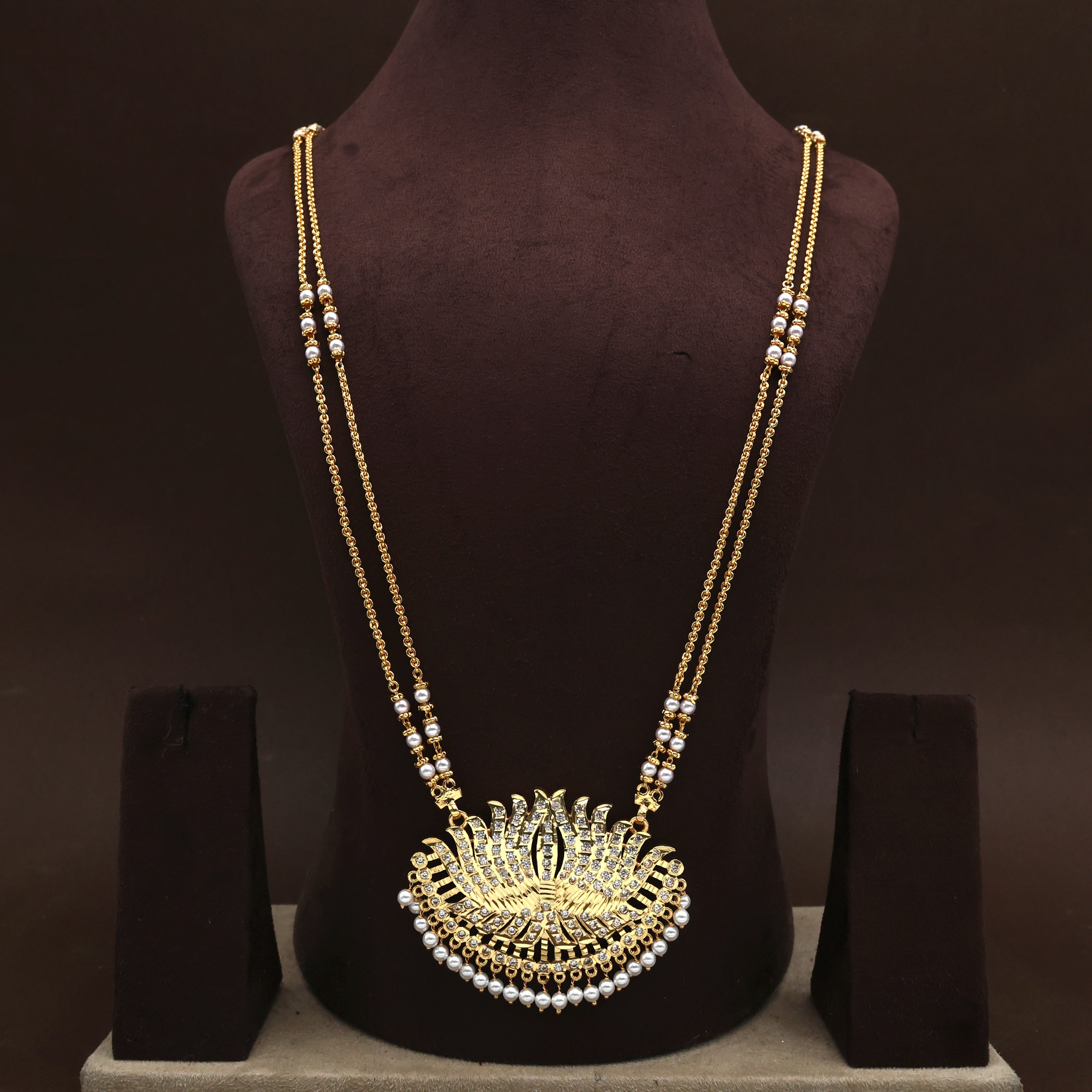 Real Gold Tone Traditional White Lotus Pendant With Double Layer Pearl Chain (24 inches)