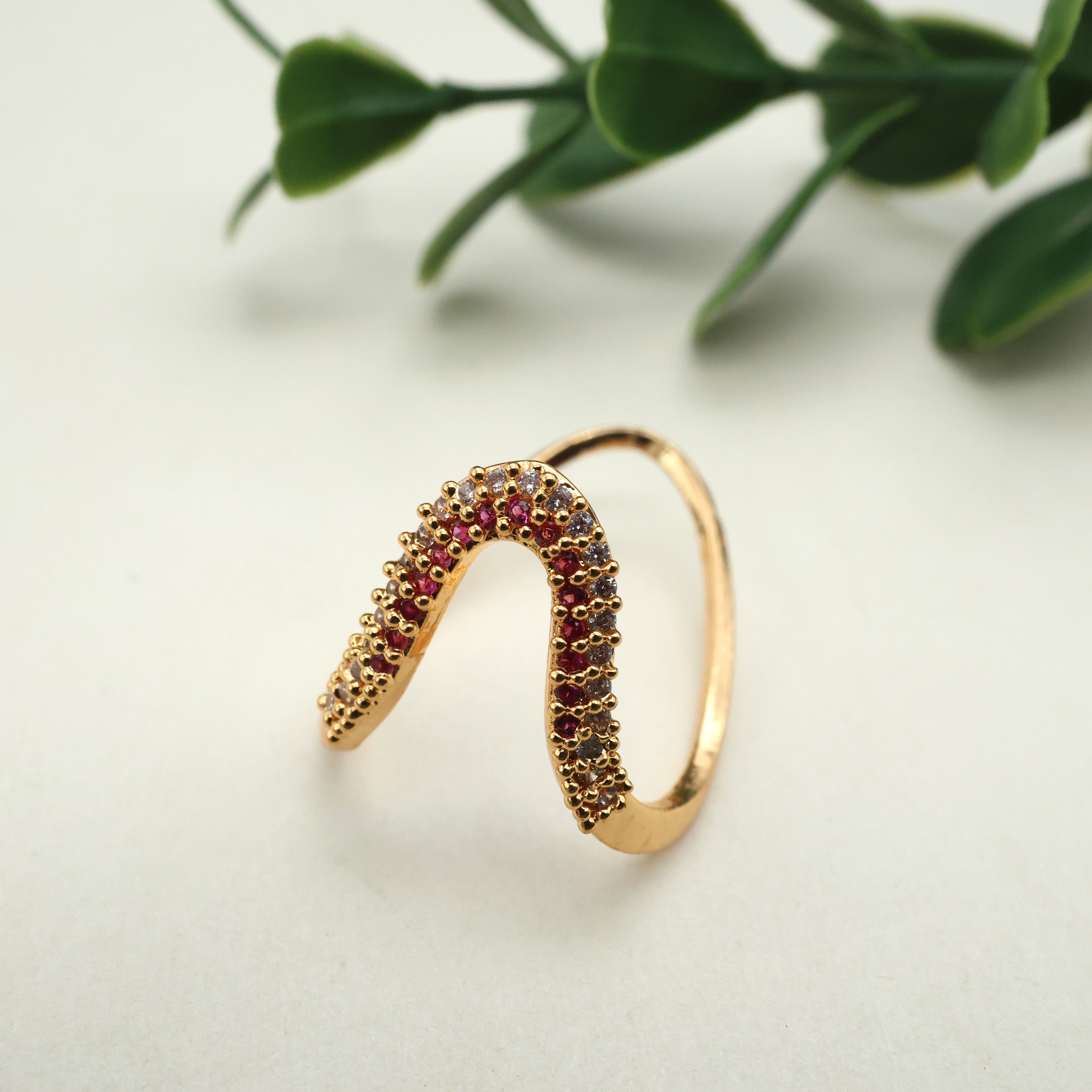 Real Gold Tone Double Line Traditional Neli Modhiram/Vanki Finger Ring - White & Ruby