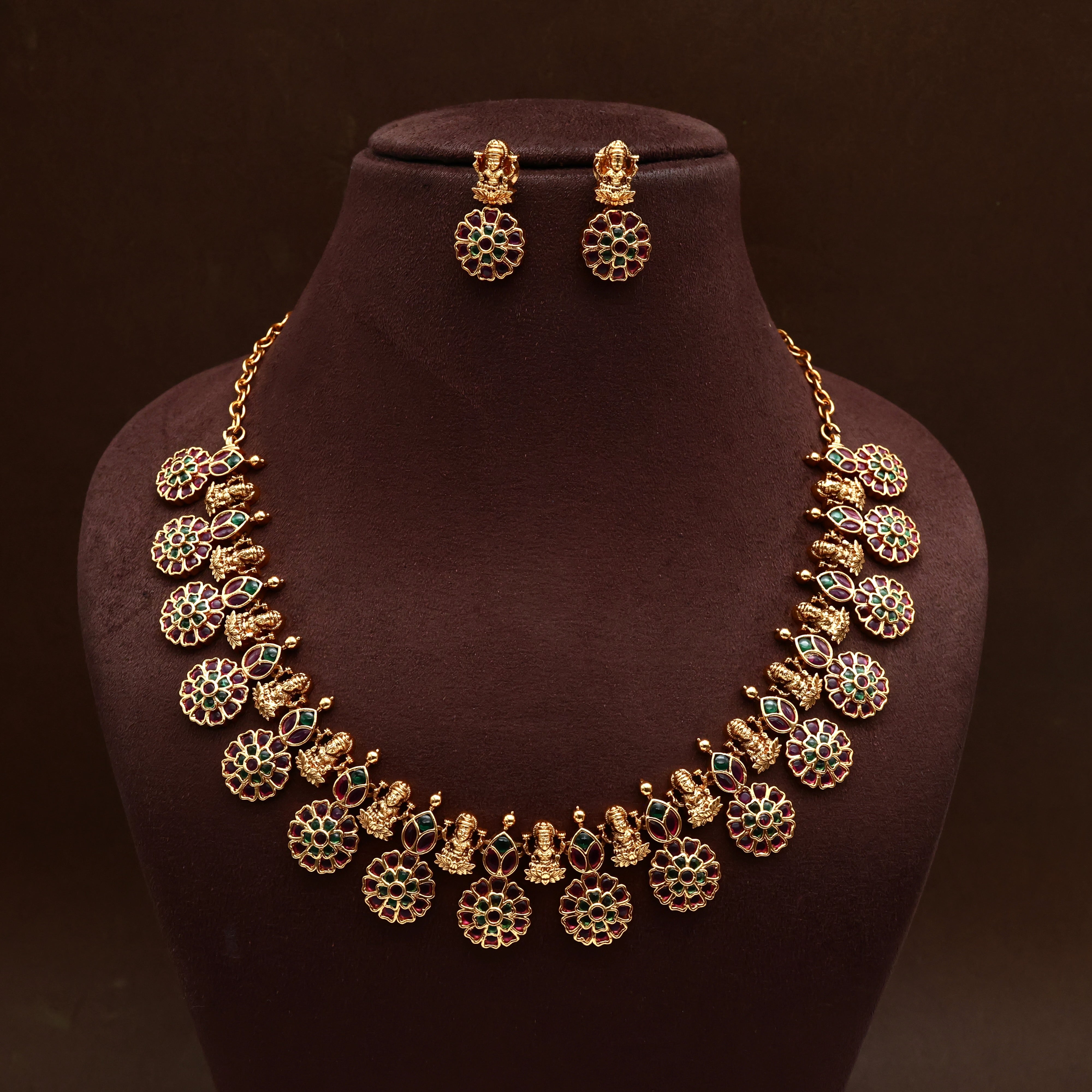 Premium Antique Nagas Kemp Flower Butta Lakshmi Necklace