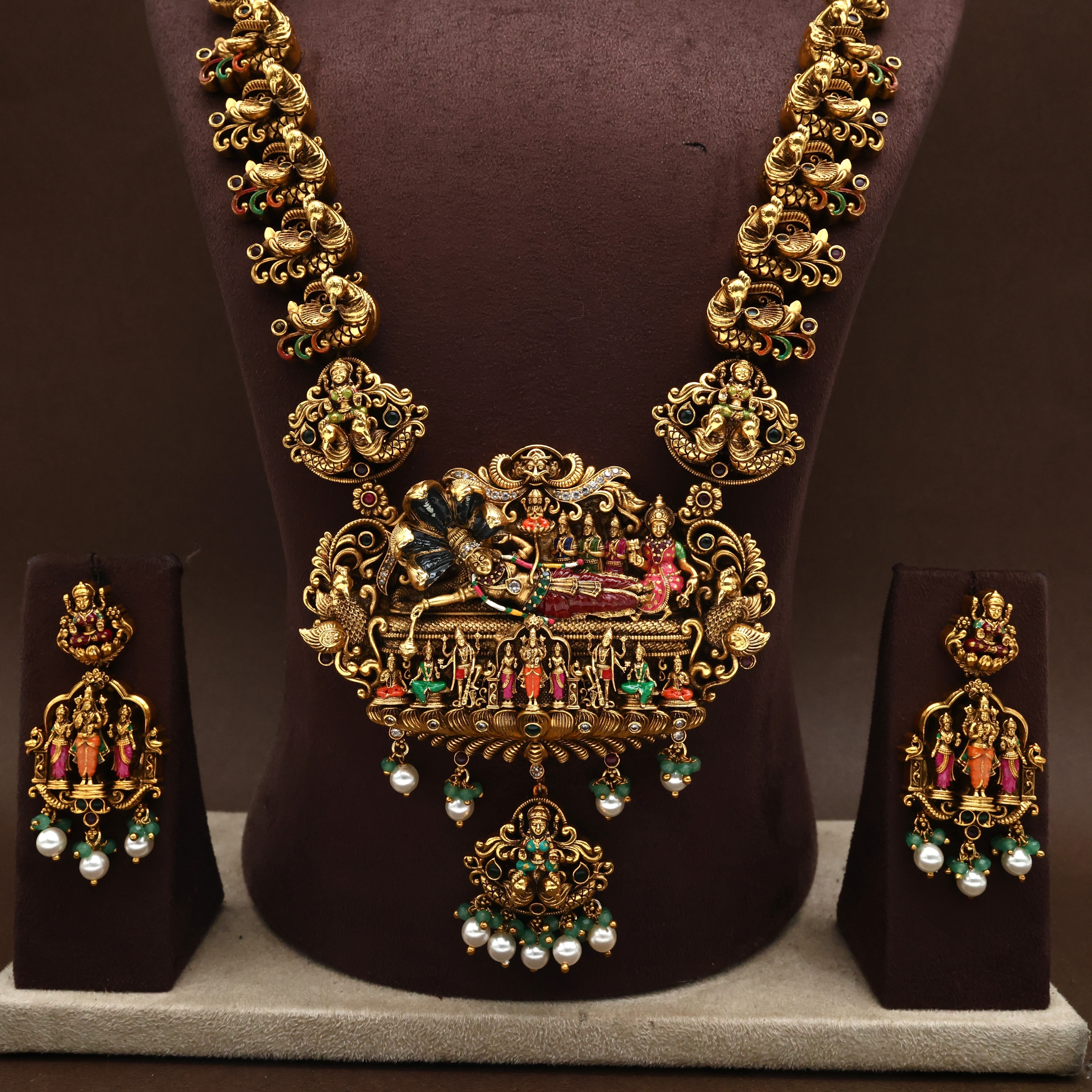 Premium Antique Nagas Colourful Mahavishnu with His Consorts Bridal Haaram Set