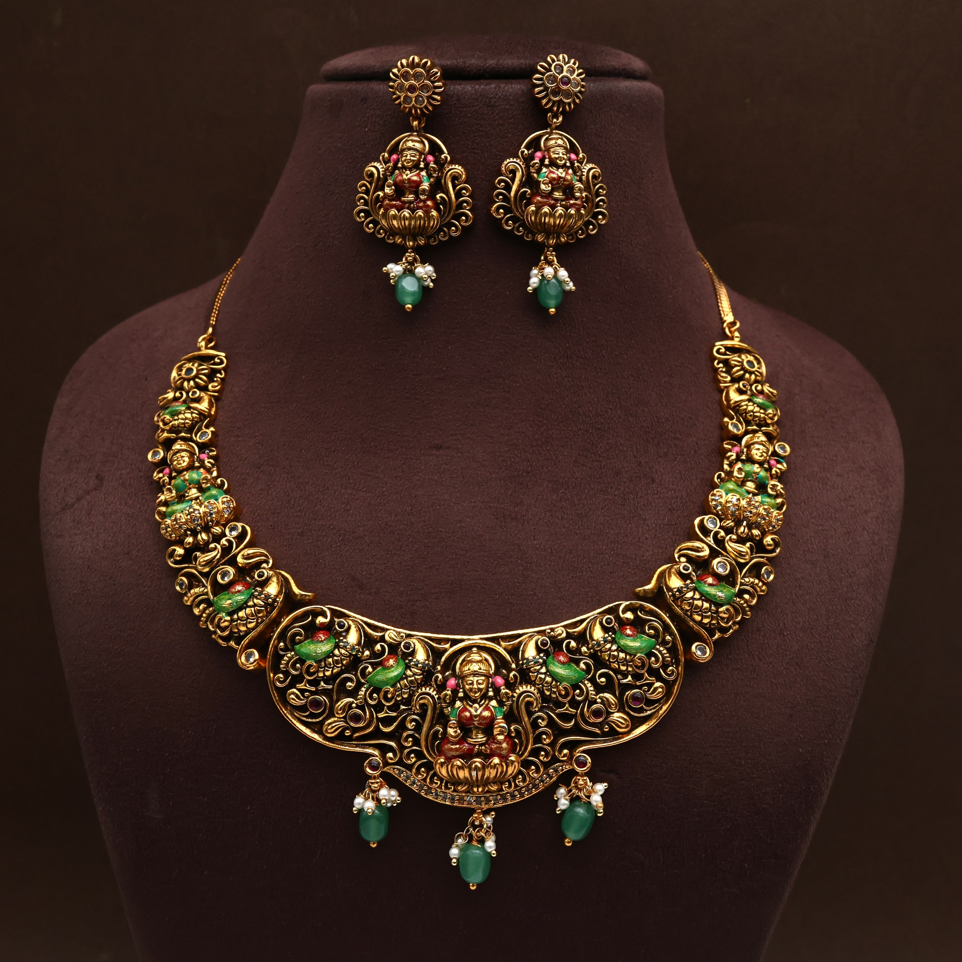 Premium Antique Nagas Colourful Mayur Lakshmi Bridal Necklace Set