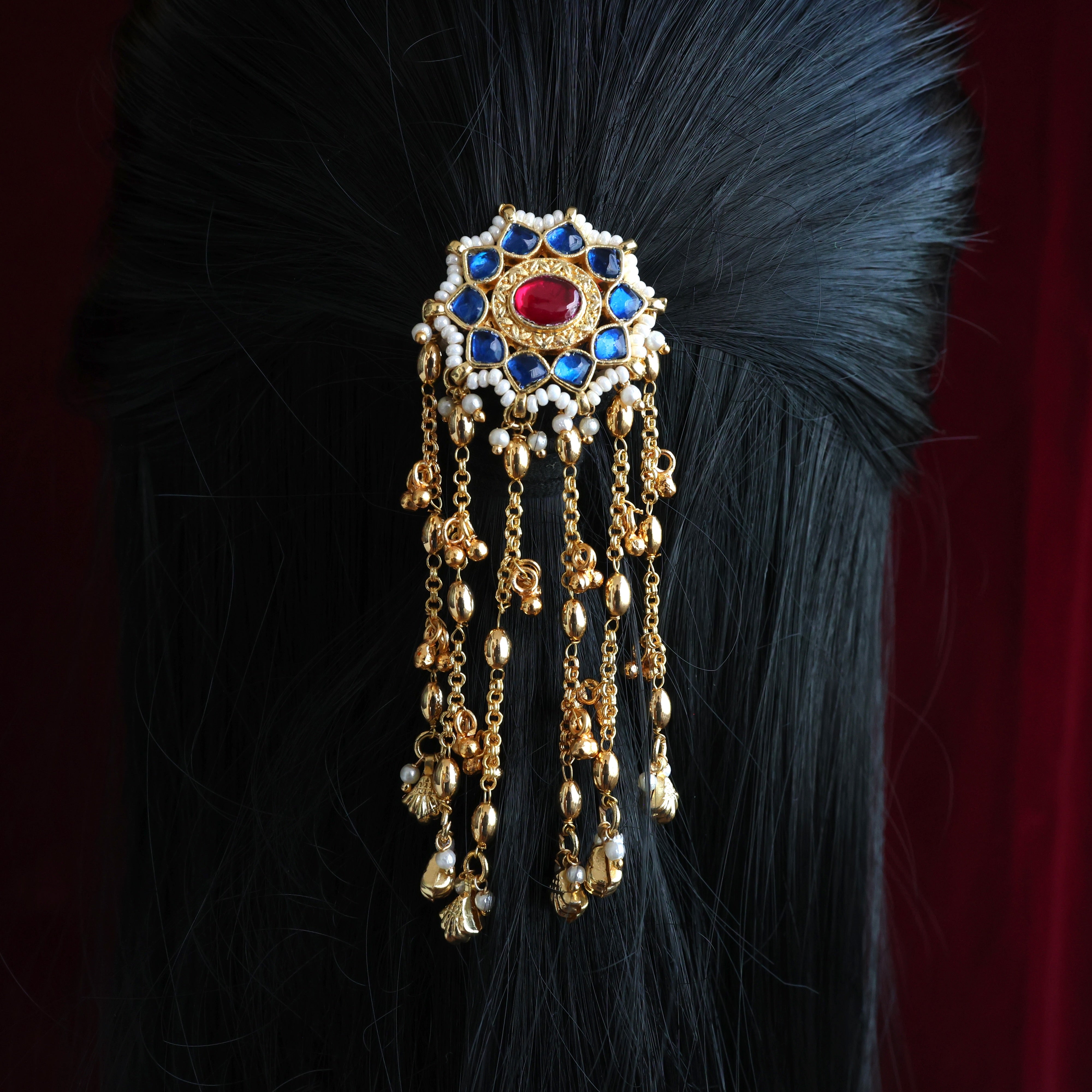 HANDMADE PACHI KUNDAN SINGLE PIECE BRIDAL HAIR CHOTI - STAR CHAKRA GOLDEN DROPS (BLUE & RUBY)