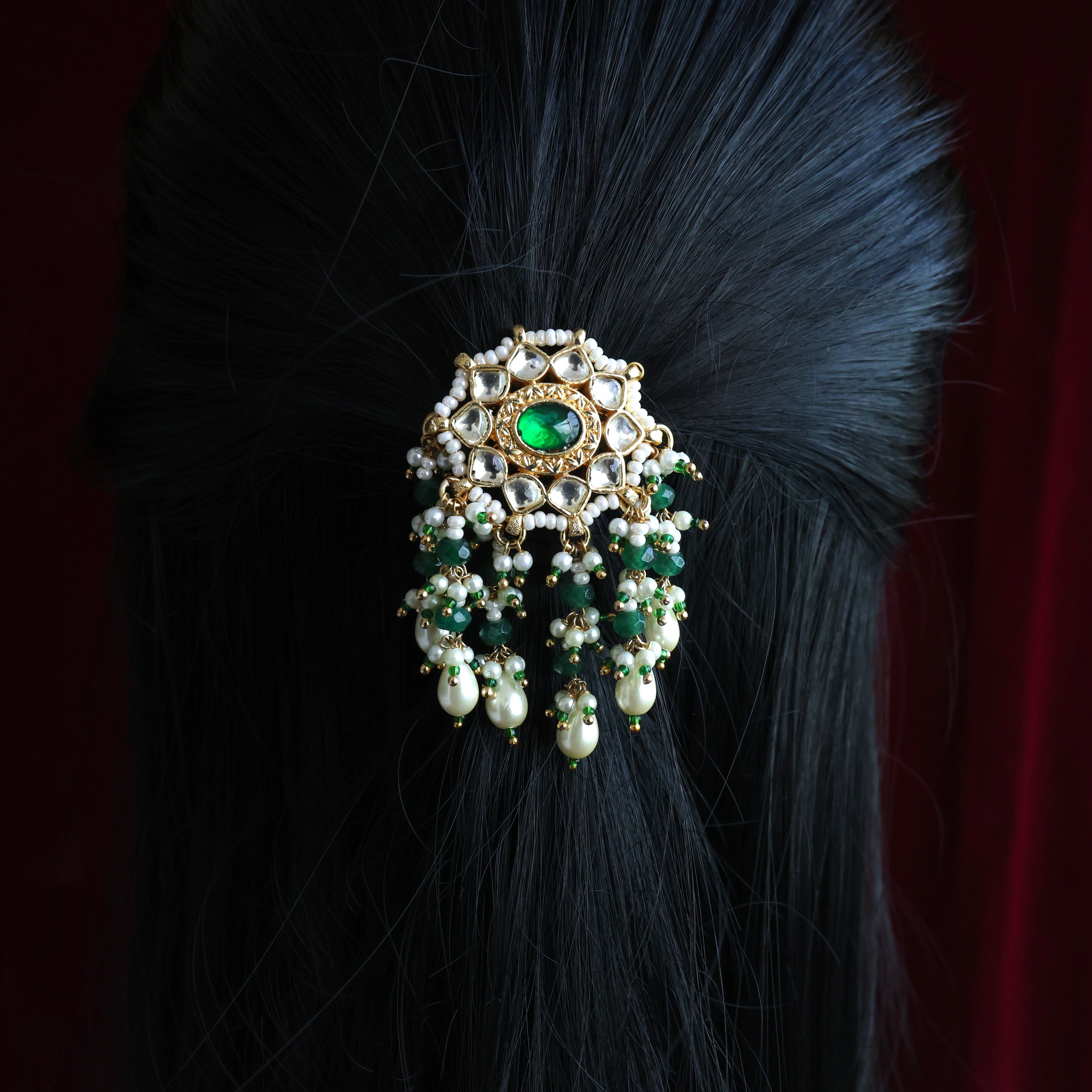 HANDMADE PACHI KUNDAN SINGLE PIECE BRIDAL HAIR CHOTI - STAR CHAKRA CRYSTAL PEARL FALL (WHITE & GREEN)