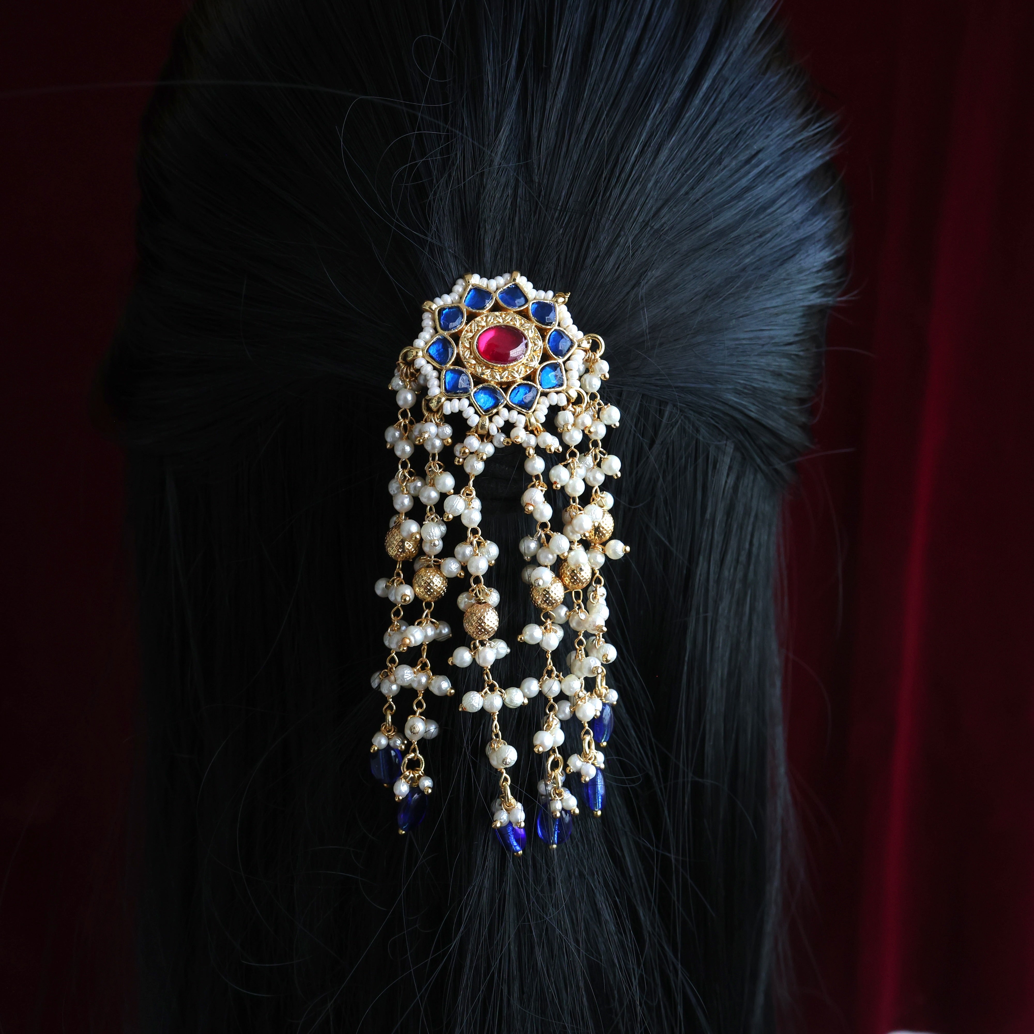 HANDMADE PACHI KUNDAN SINGLE PIECE BRIDAL HAIR CHOTI - STAR CHAKRA PEARL VINES (BLUE & RUBY)