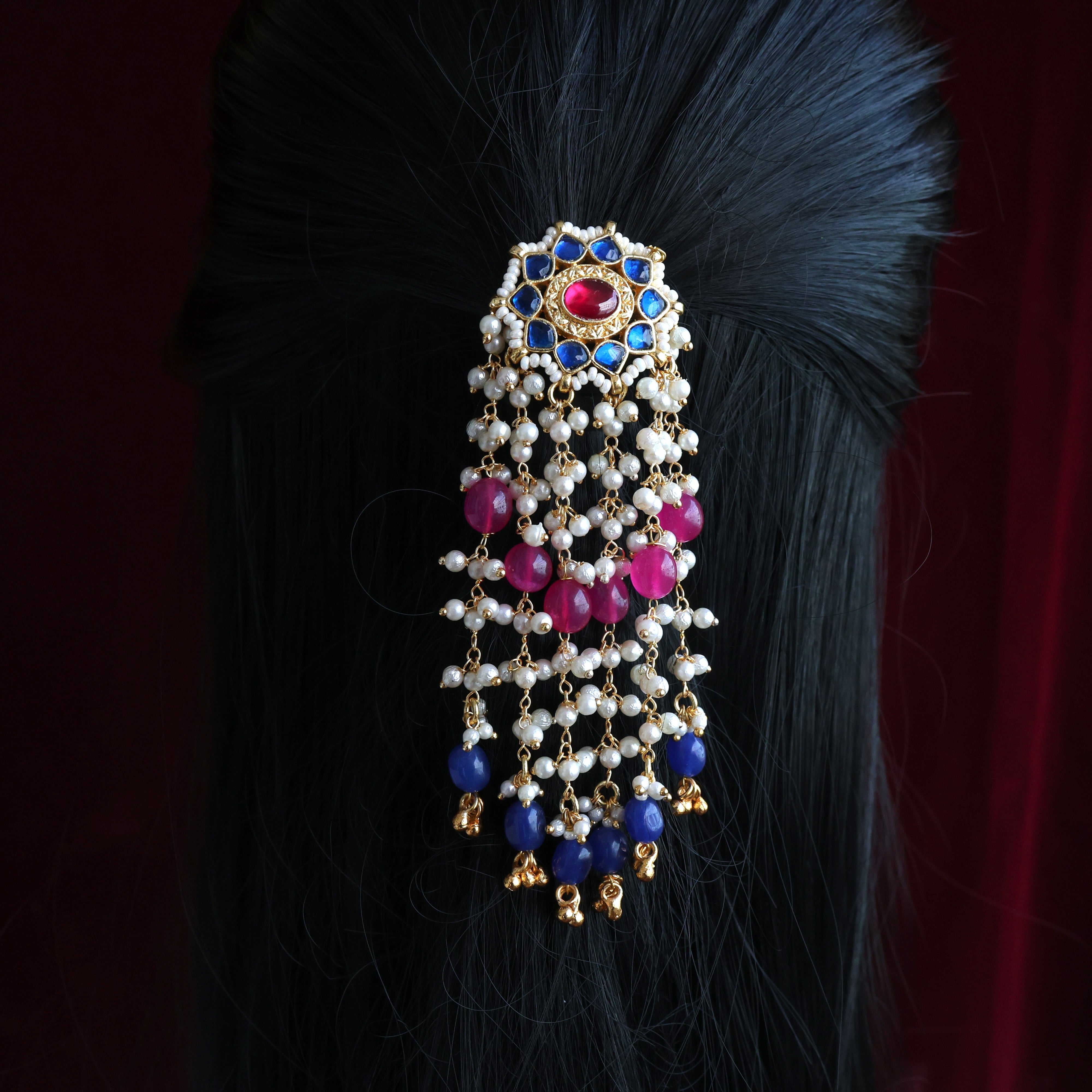 HANDMADE PACHI KUNDAN SINGLE PIECE BRIDAL HAIR CHOTI - STAR CHAKRA DOUBLE DROP PEARL HANGINGS (BLUE & RUBY)