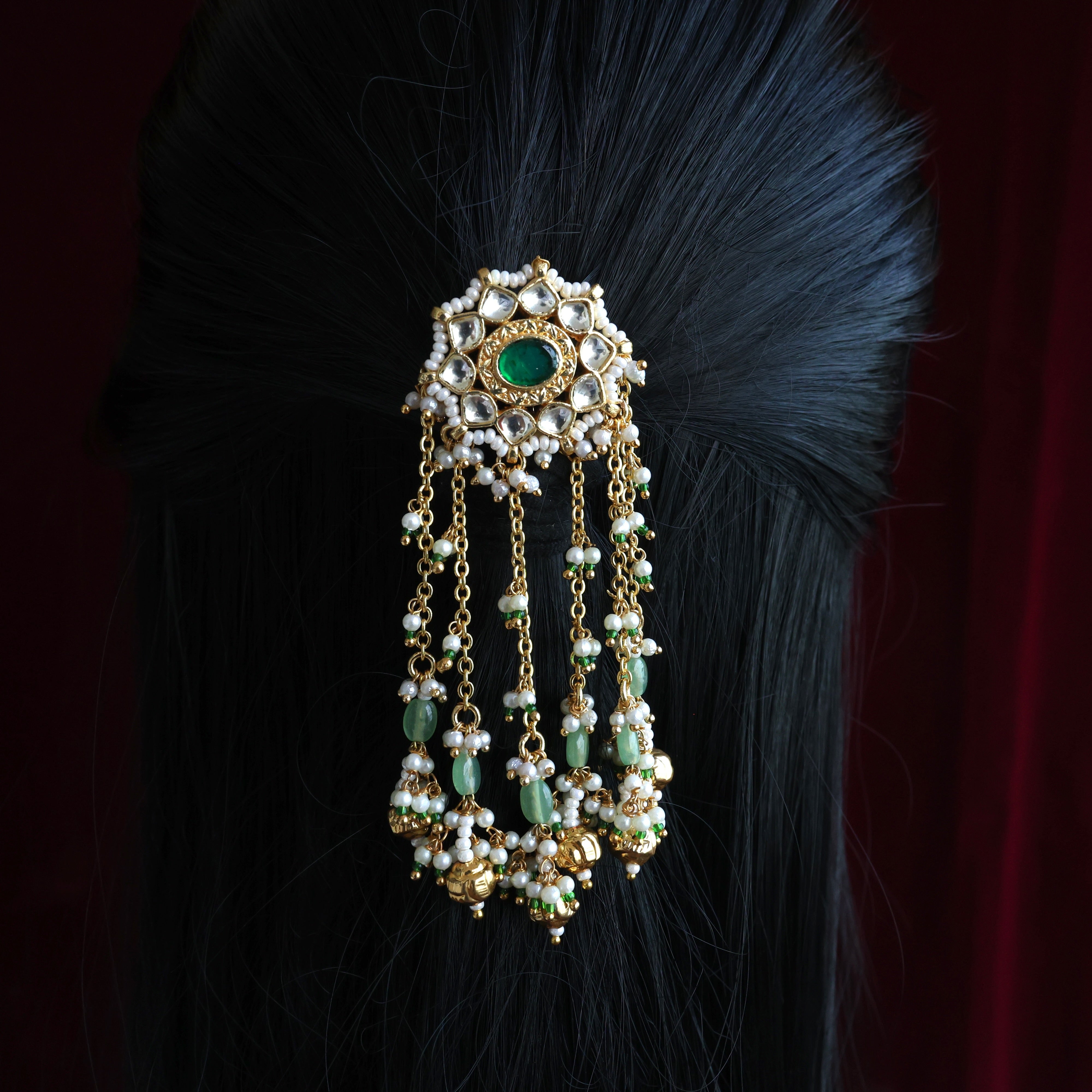 HANDMADE PACHI KUNDAN SINGLE PIECE BRIDAL HAIR CHOTI - STAR CHAKRA TWINKLE DROPS (WHITE & GREEN)