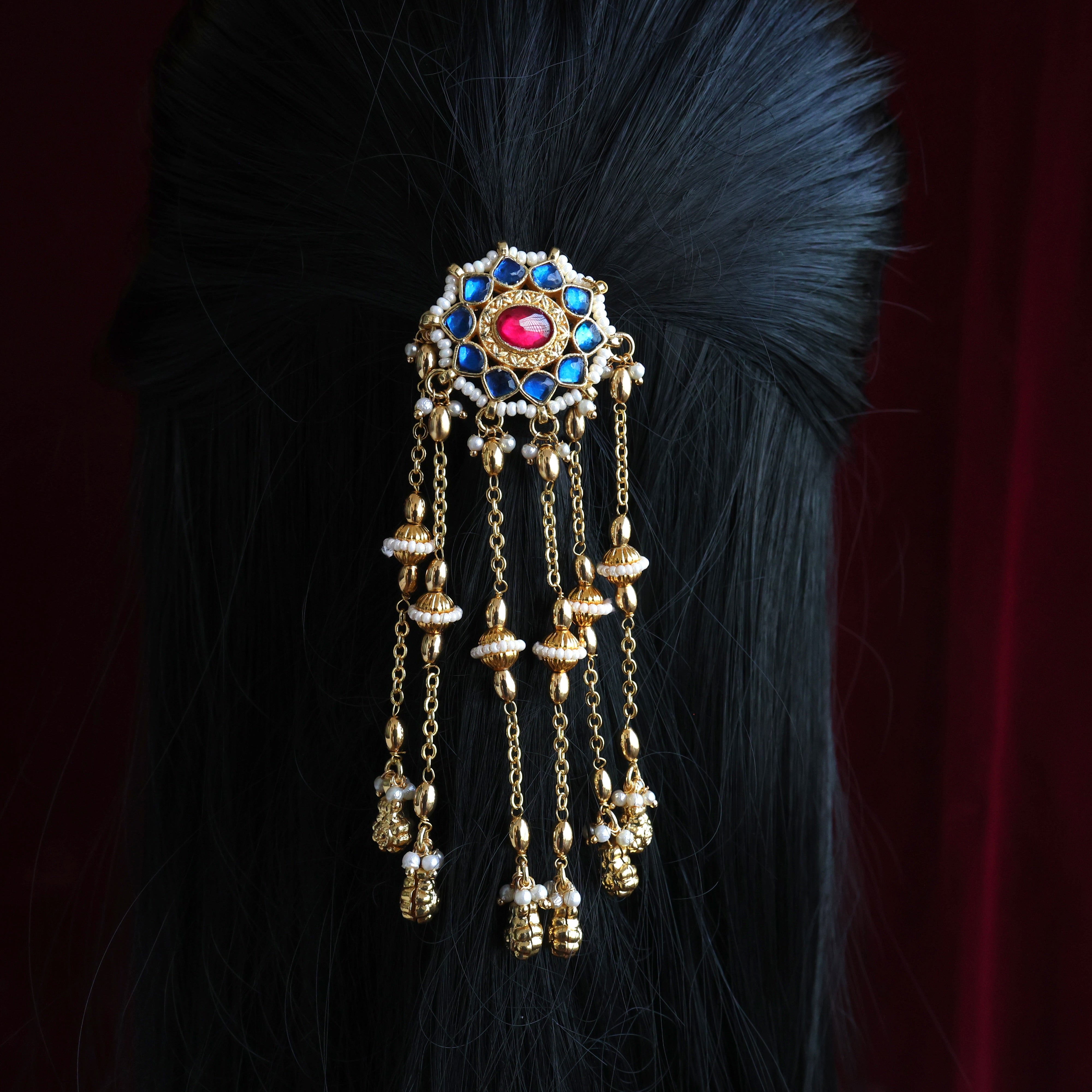 Handmade Pachi Kundan Single Piece Bridal Hair Choti - Star Chakra Space (Green & Ruby)