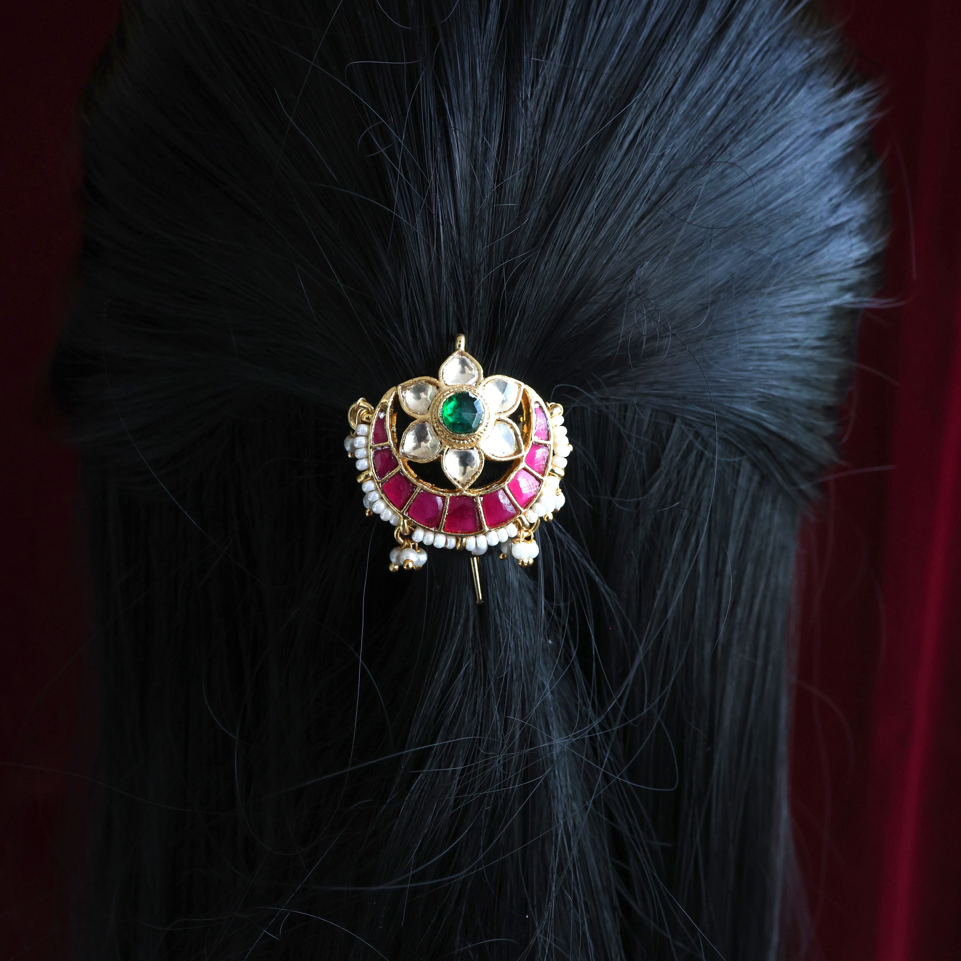 Premium Pachi Kundan Single Piece Hair Choti - Moon Flower