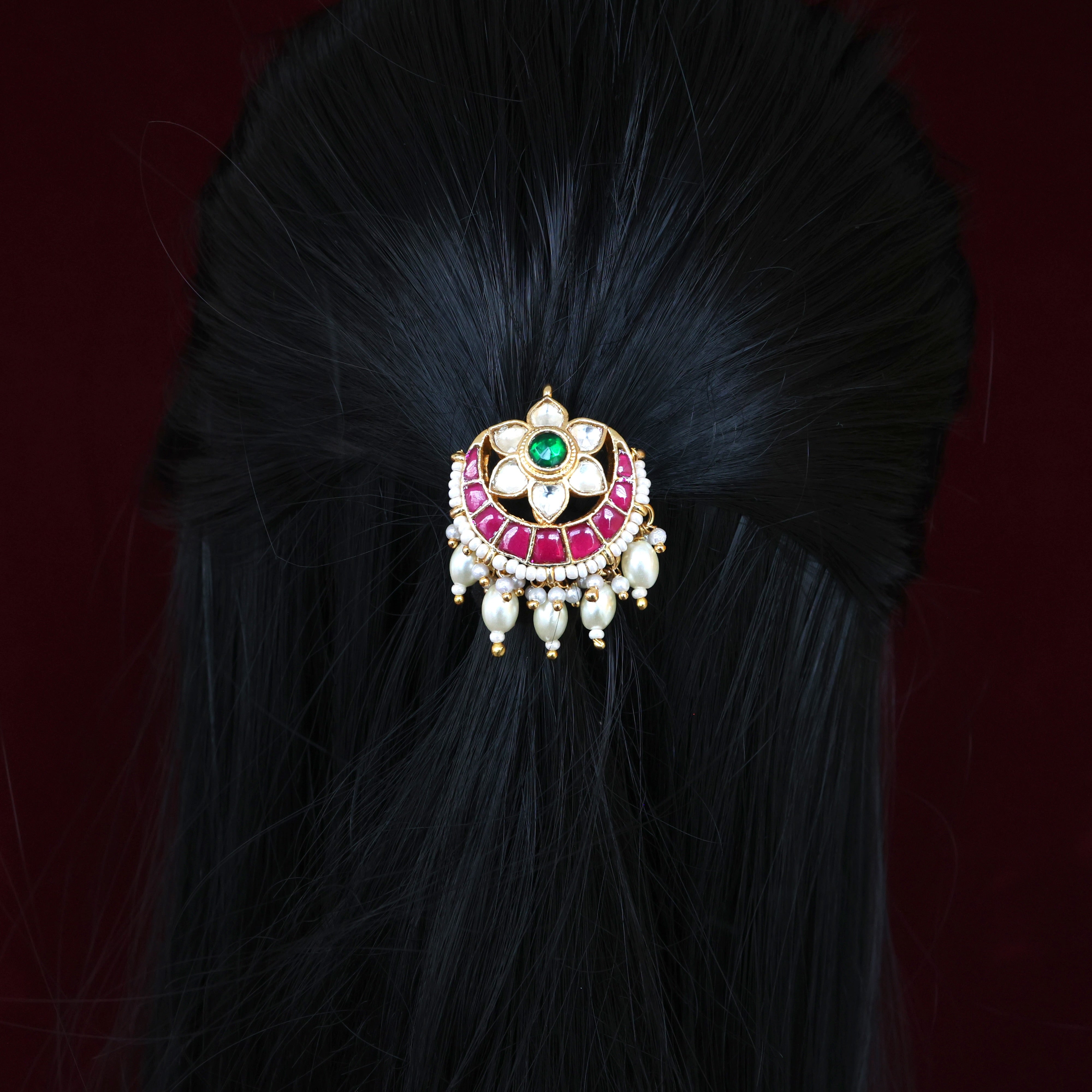 Premium Pachi Kundan Single Piece Hair Choti - Moon Flower Pearls