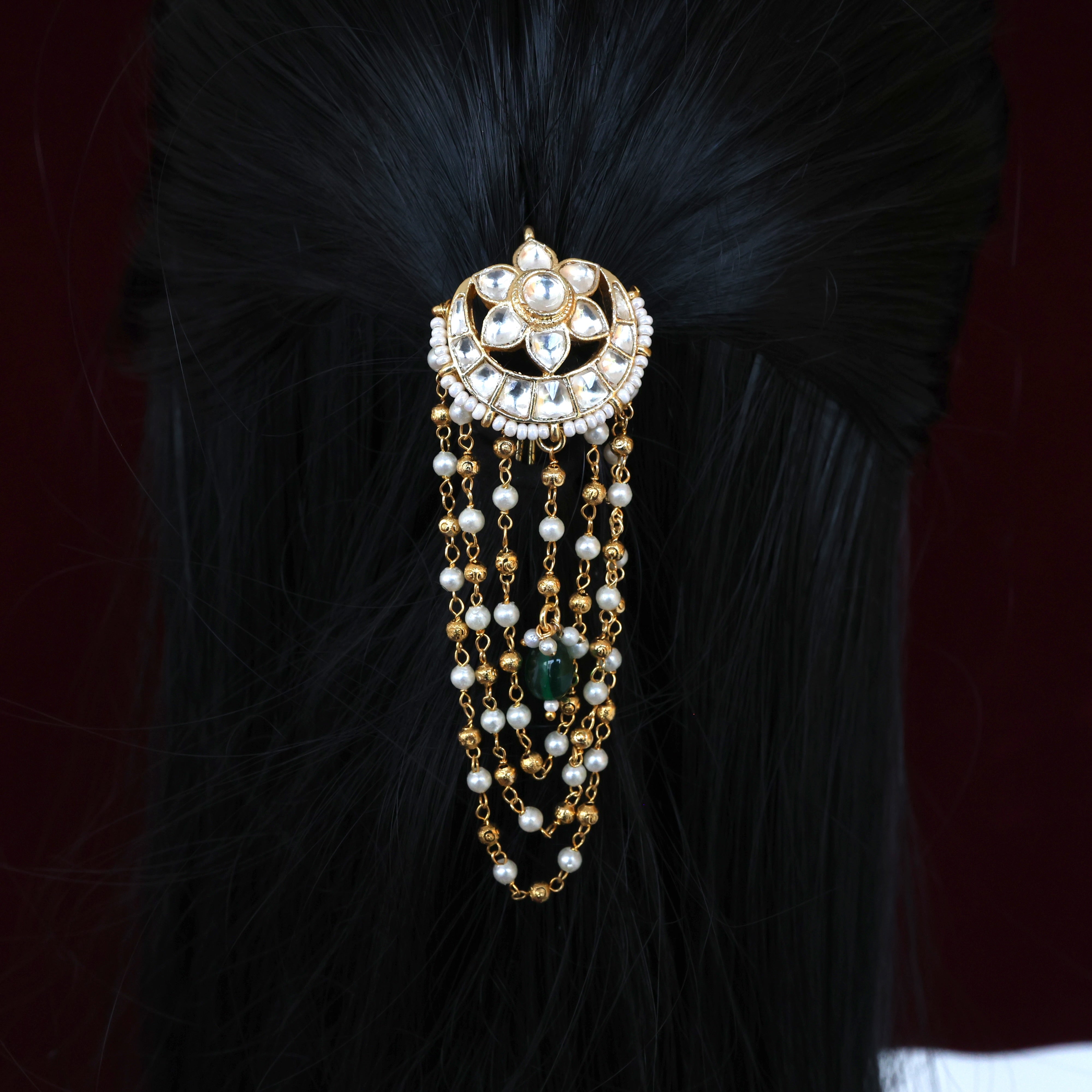 Premium Pachi Kundan Single Piece Hair Choti - Chaand Phool Pearl Chains