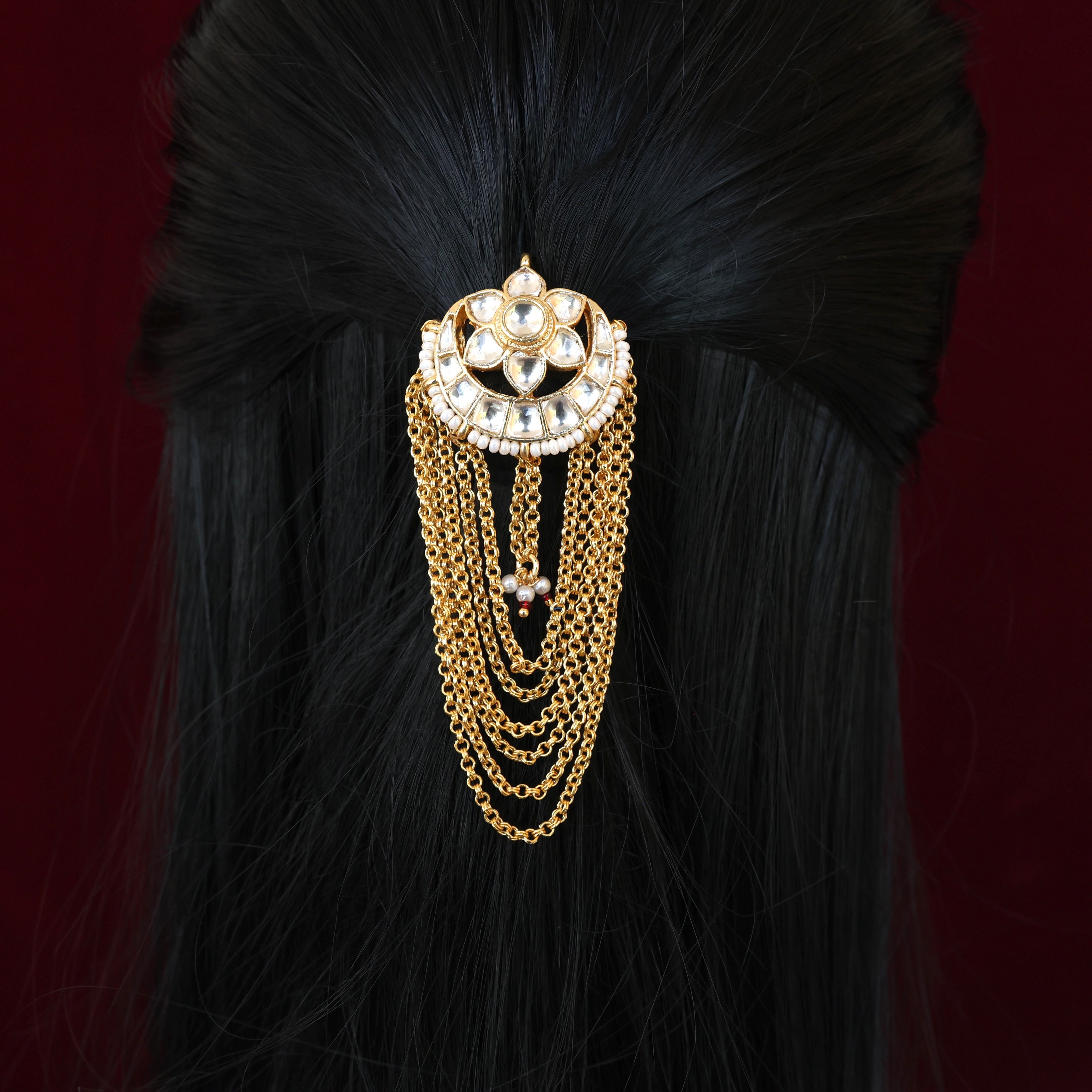Premium Pachi Kundan Single Piece Hair Choti - Chaand Phool Chains