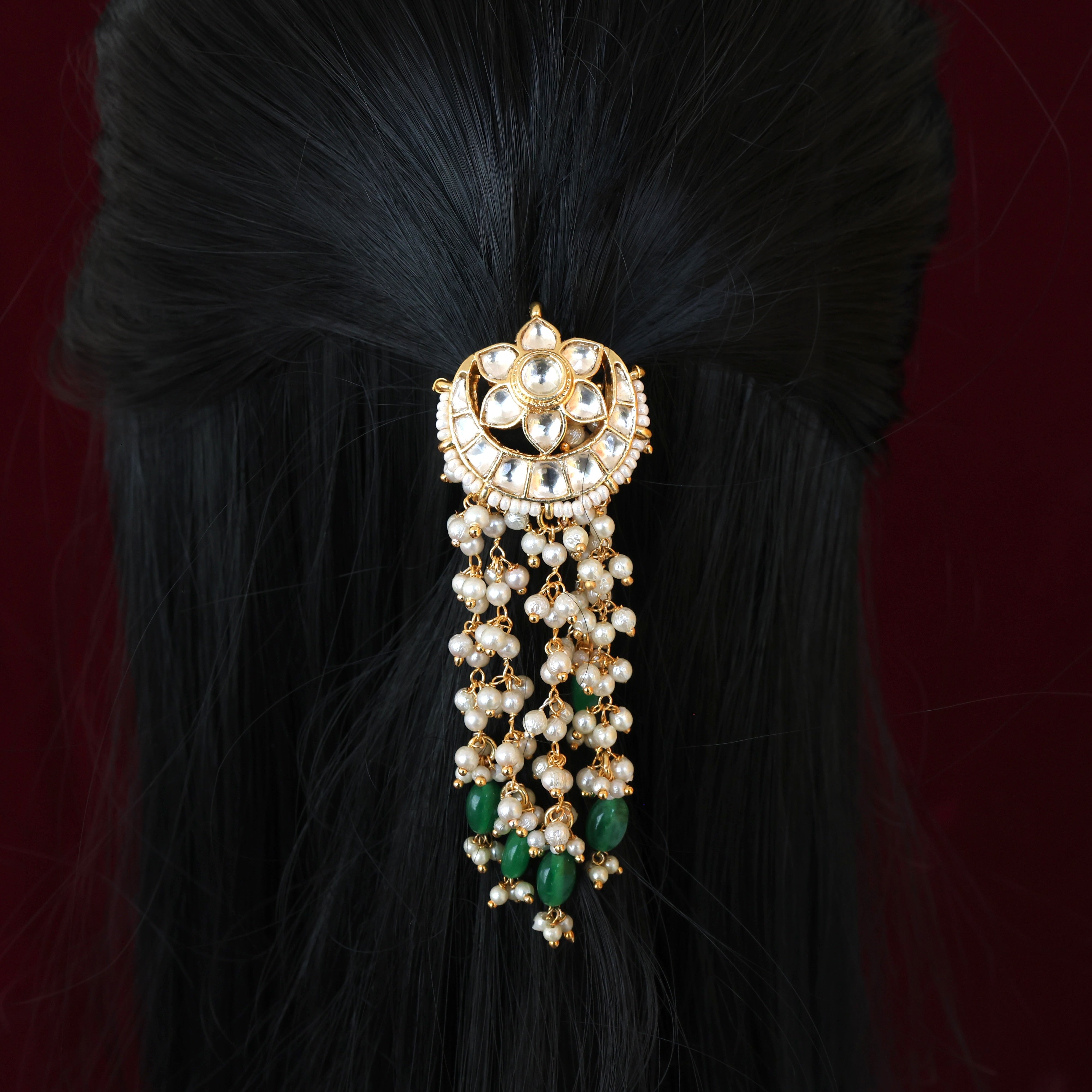 Premium Pachi Kundan Single PIece Hair Choti - White Moon Flower