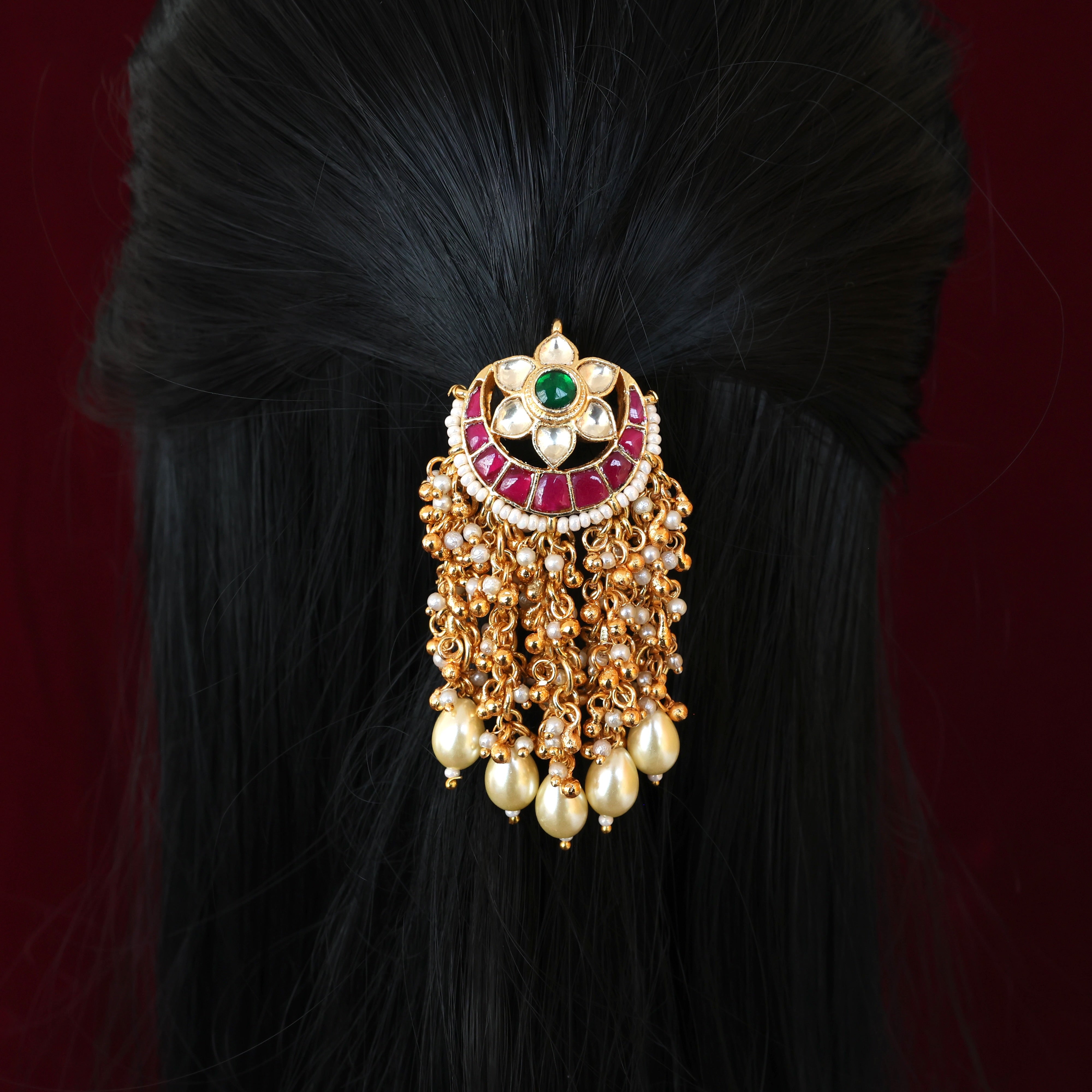 Premium Pachi Kundan Single Piece Hair Choti - Chaand Flower Gold Pearl Rains