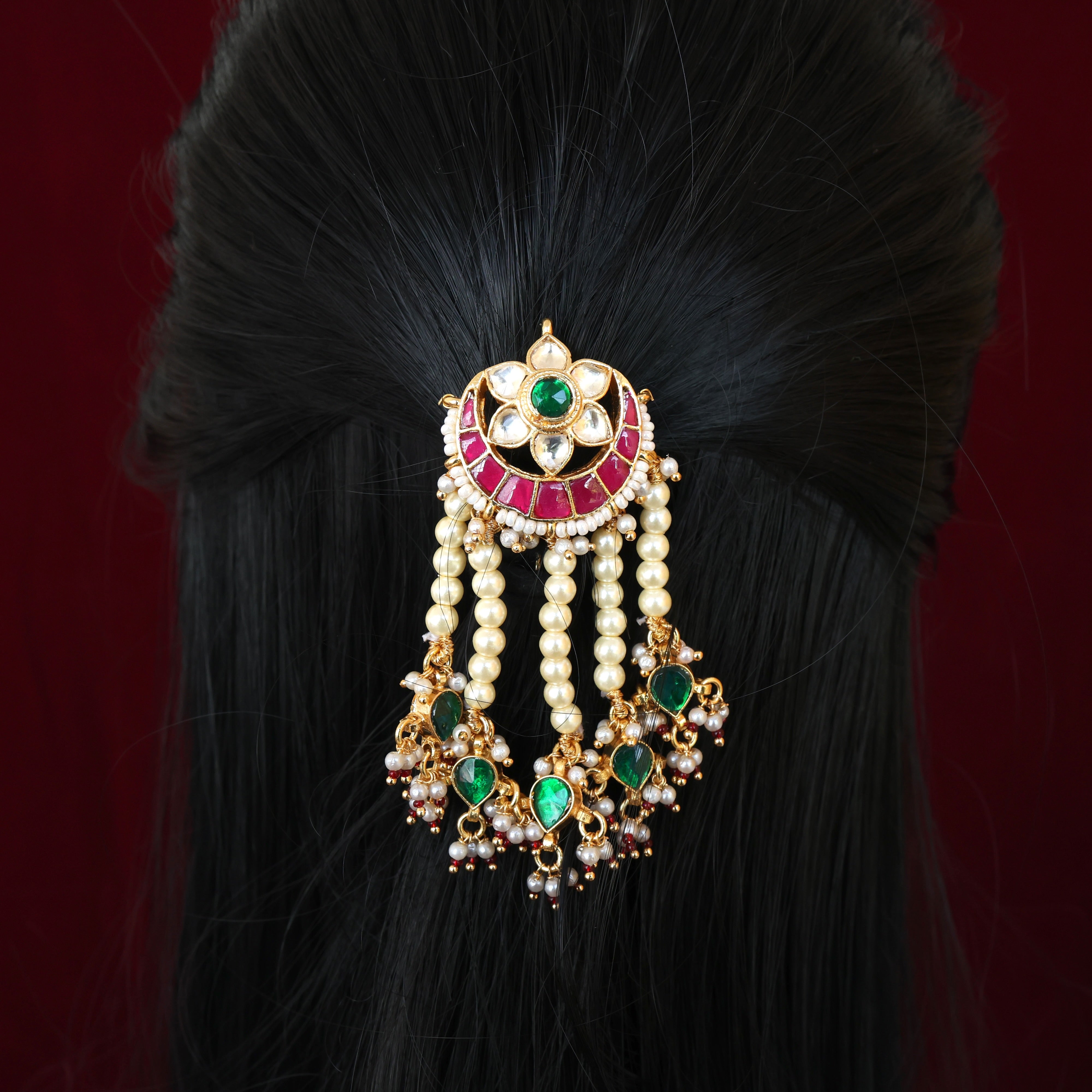 Premium Pachi Kundan Single PIece Hair Choti - Moon Star Pearl Line Drops