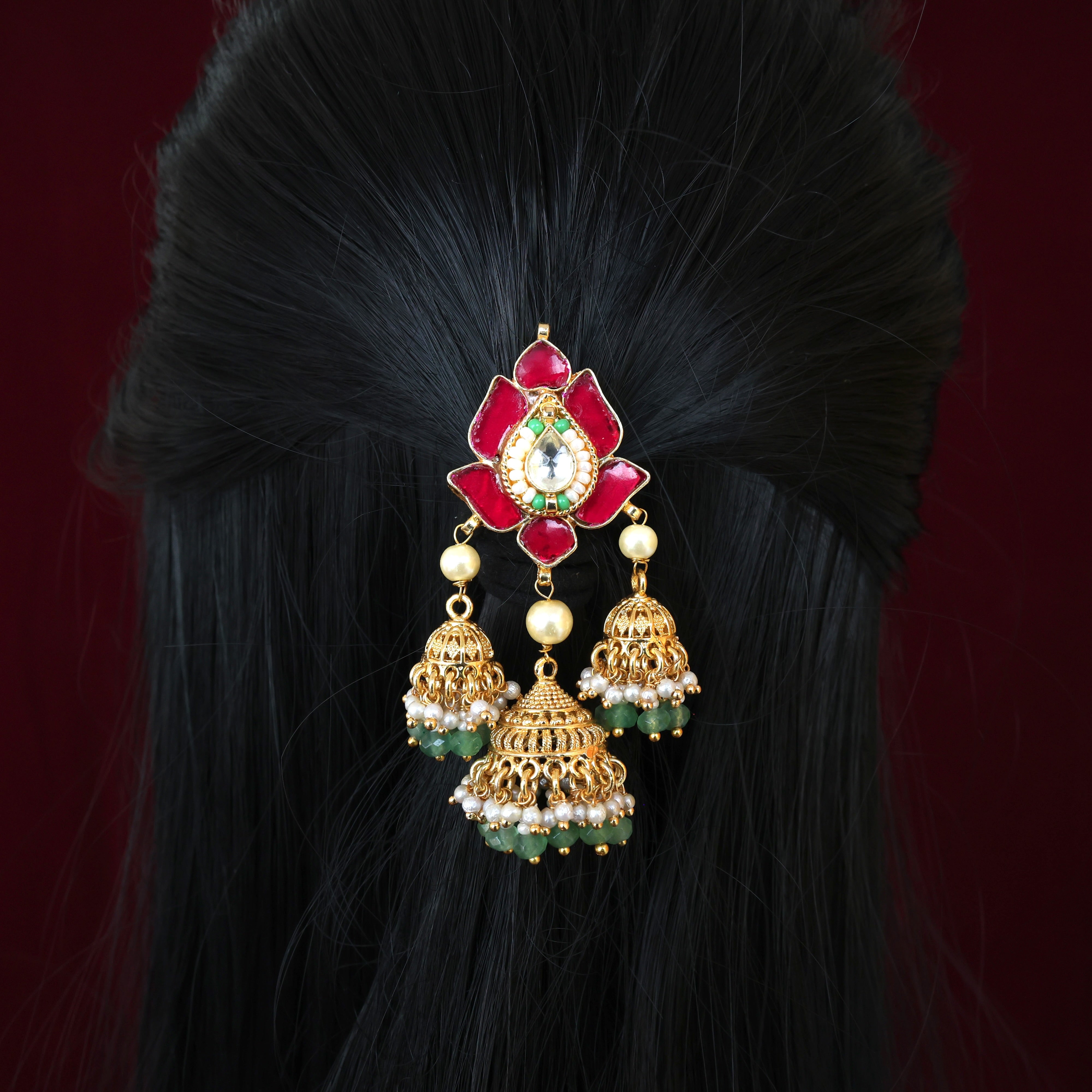 Premium Pachi Kundan Lotus Jhumkas Hanging Bridal Single Piece Choti