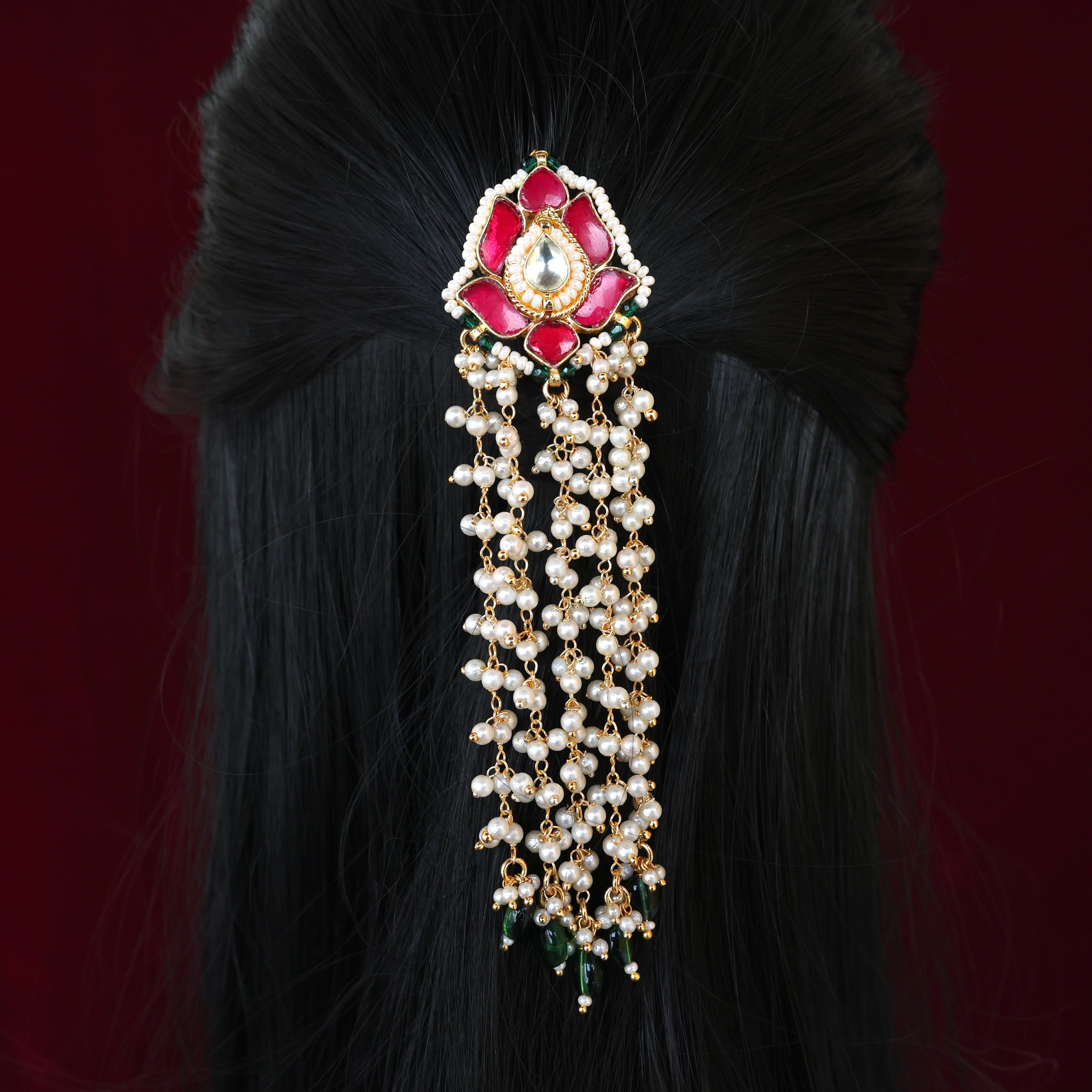 Premium Pachi Kunddan Lotus Pearl Vines Single Piece Bridal Choti