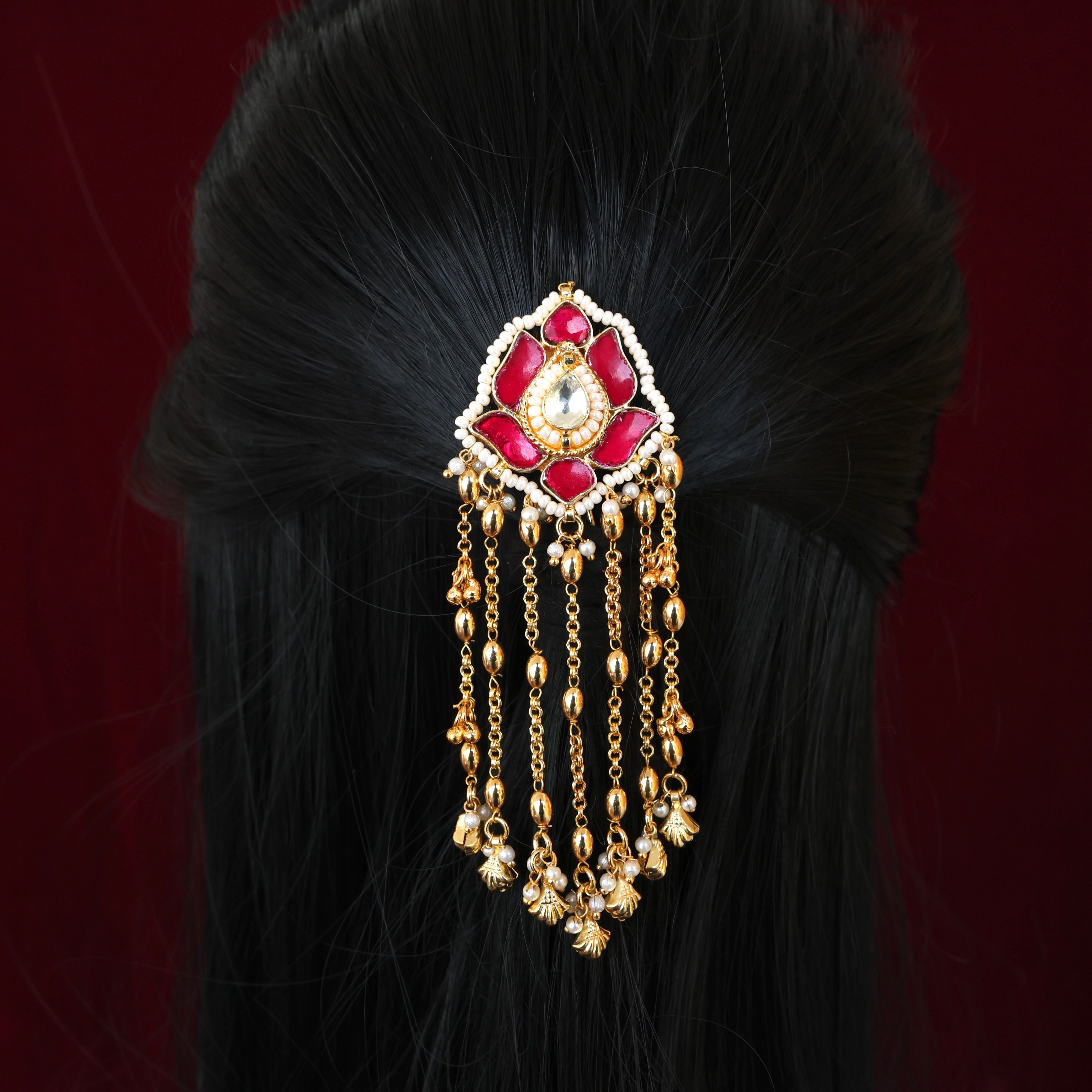 PREMIUM PACHI KUNDAN LOTUS GOLD RAINS SINGLE PIECE BRIDAL CHOTI