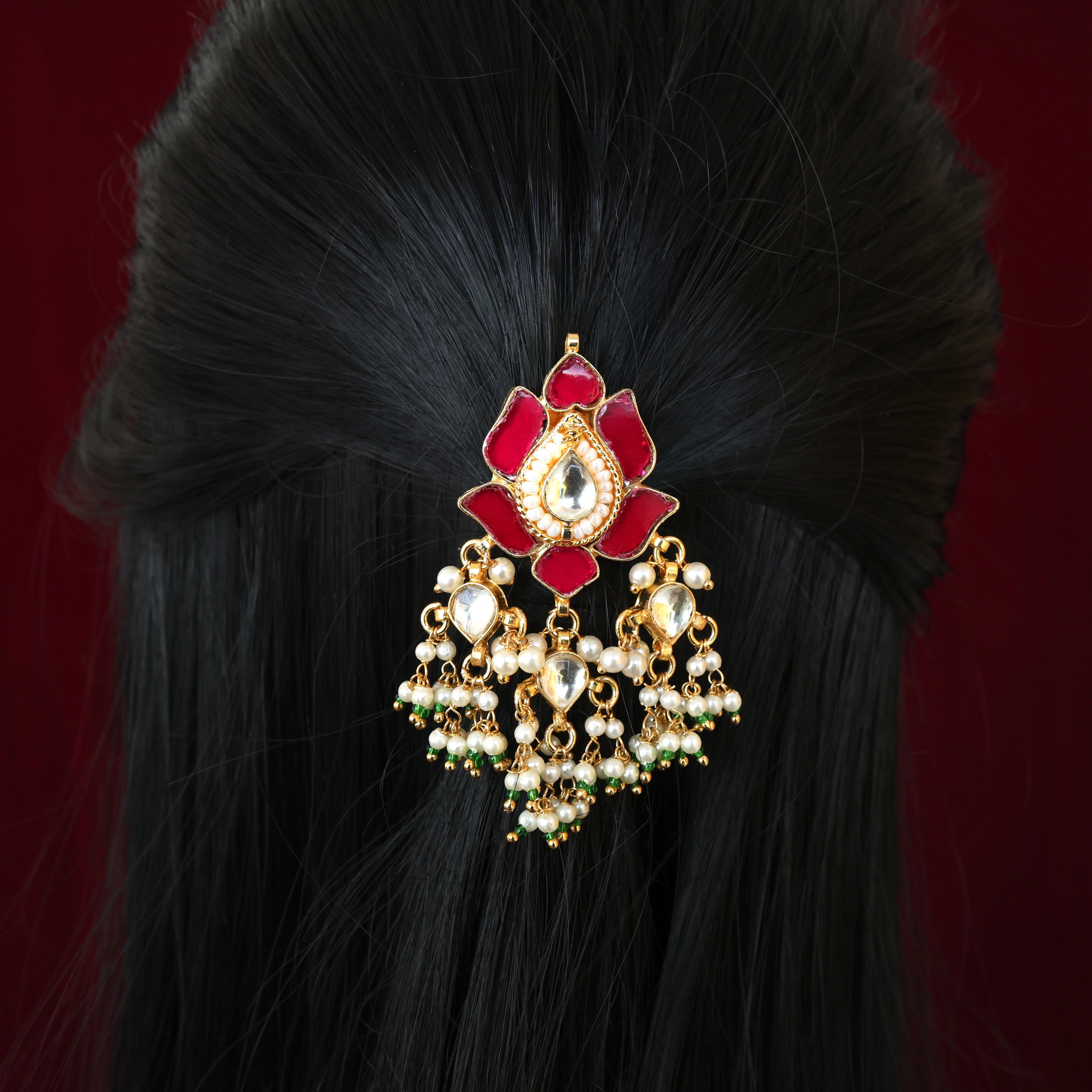 PREMIUM PACHI KUNDAN LOTUS RAIN DROPS SINGLE PIECE BRIDAL CHOTI