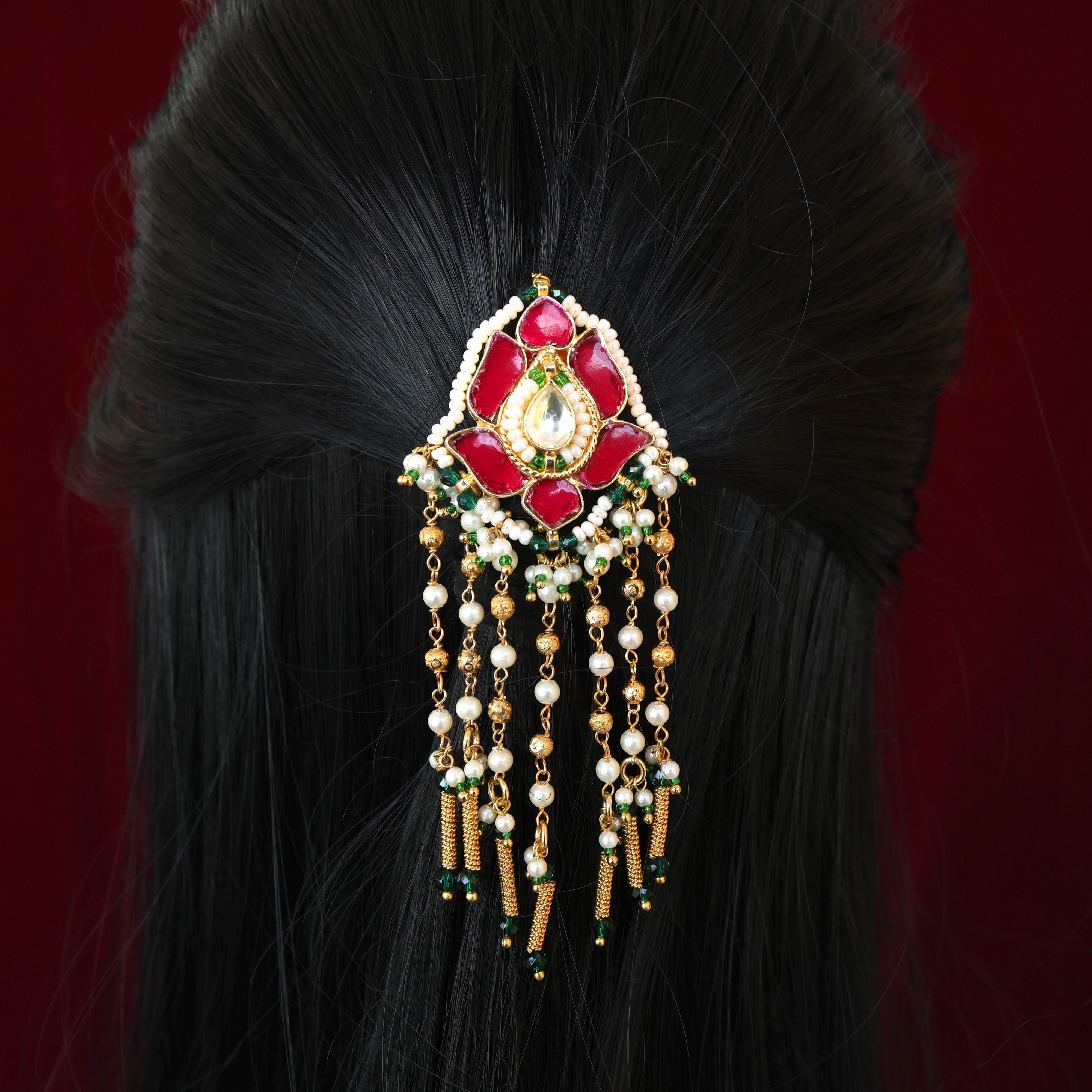 PREMIUM PACHI KUNDAN LOTUS BUD SINGLE PIECE BRIDAL CHOTI