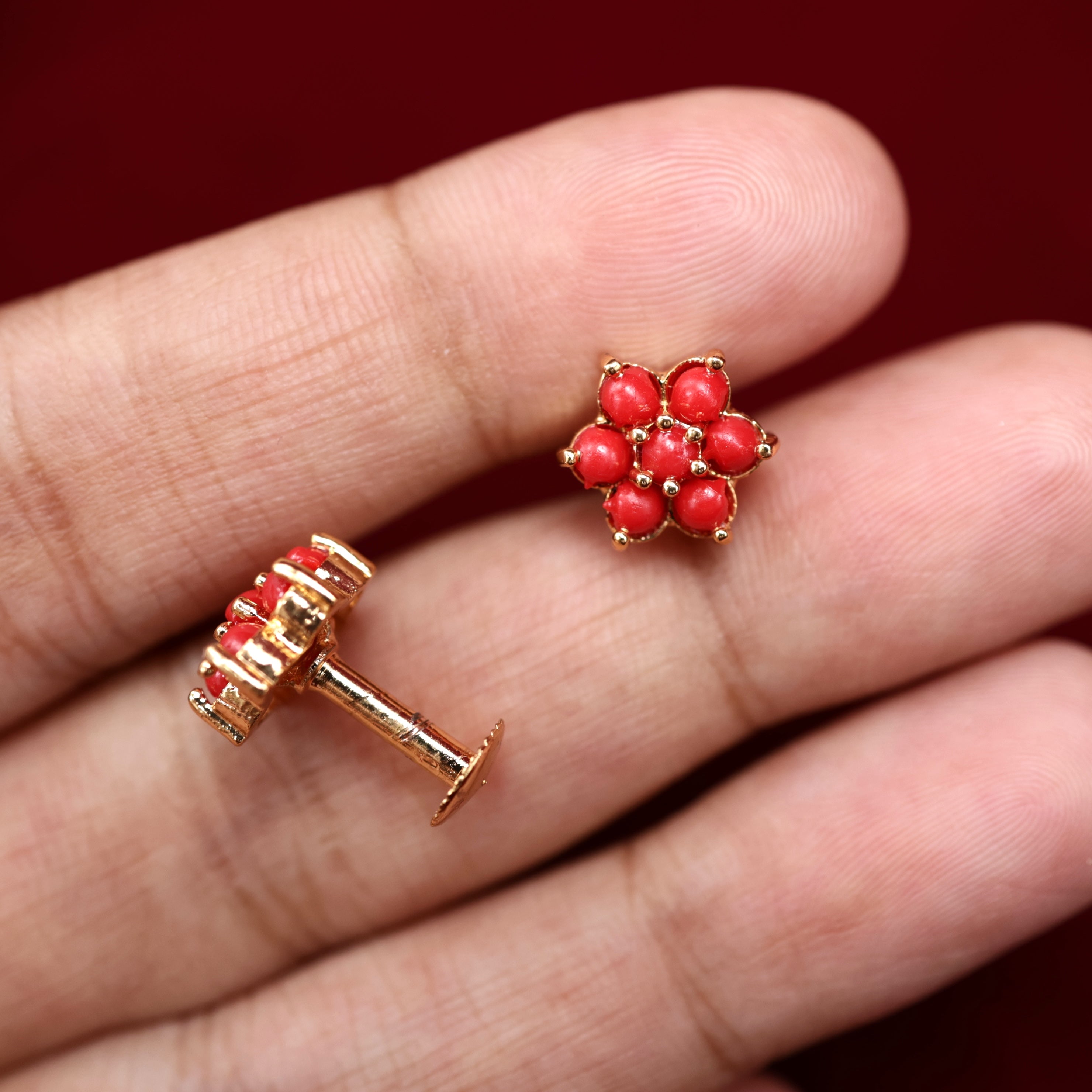 Real Gold Tone Small Seven Stone Coral Studs