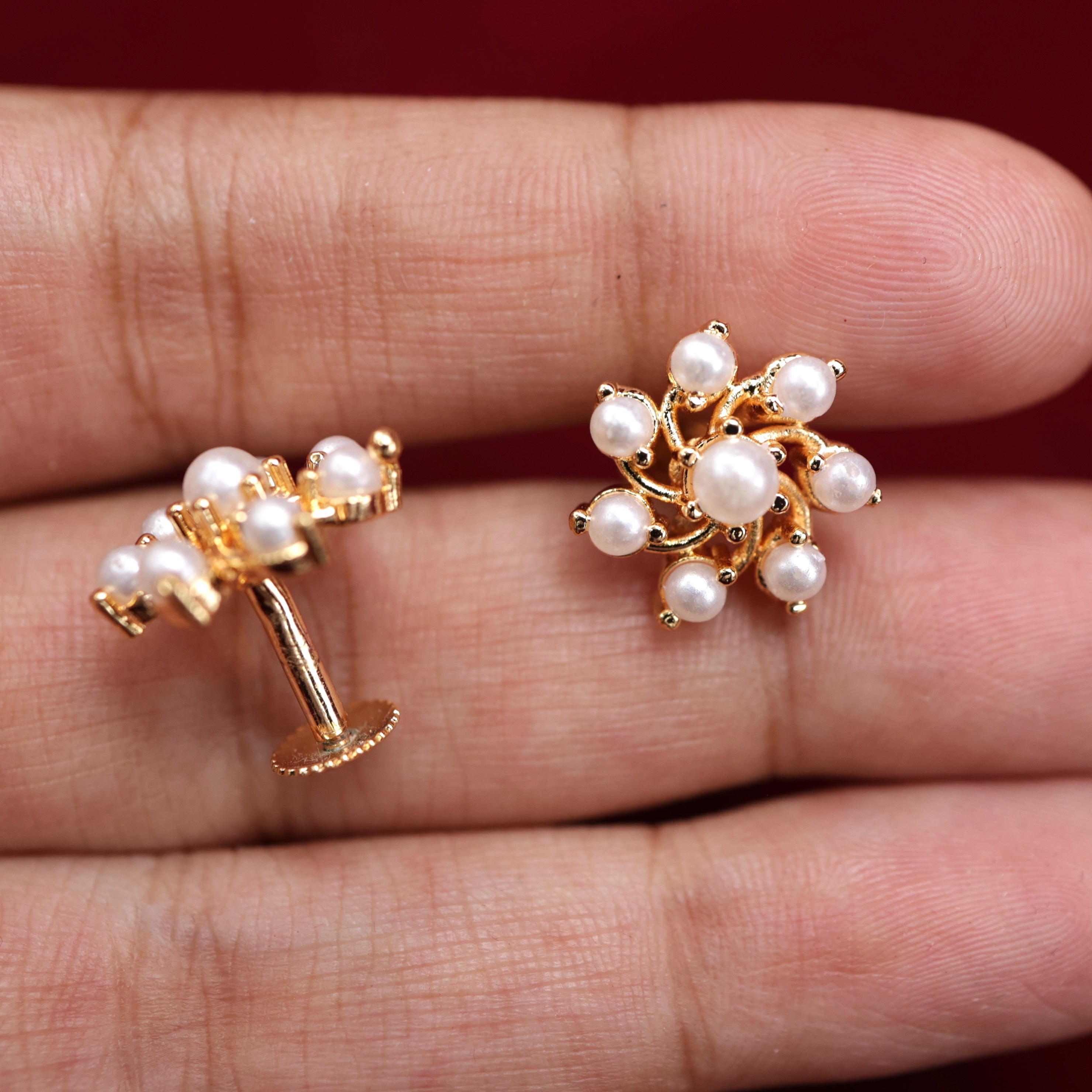 Real Gold Tone Seven Pearls Studs/Earrings
