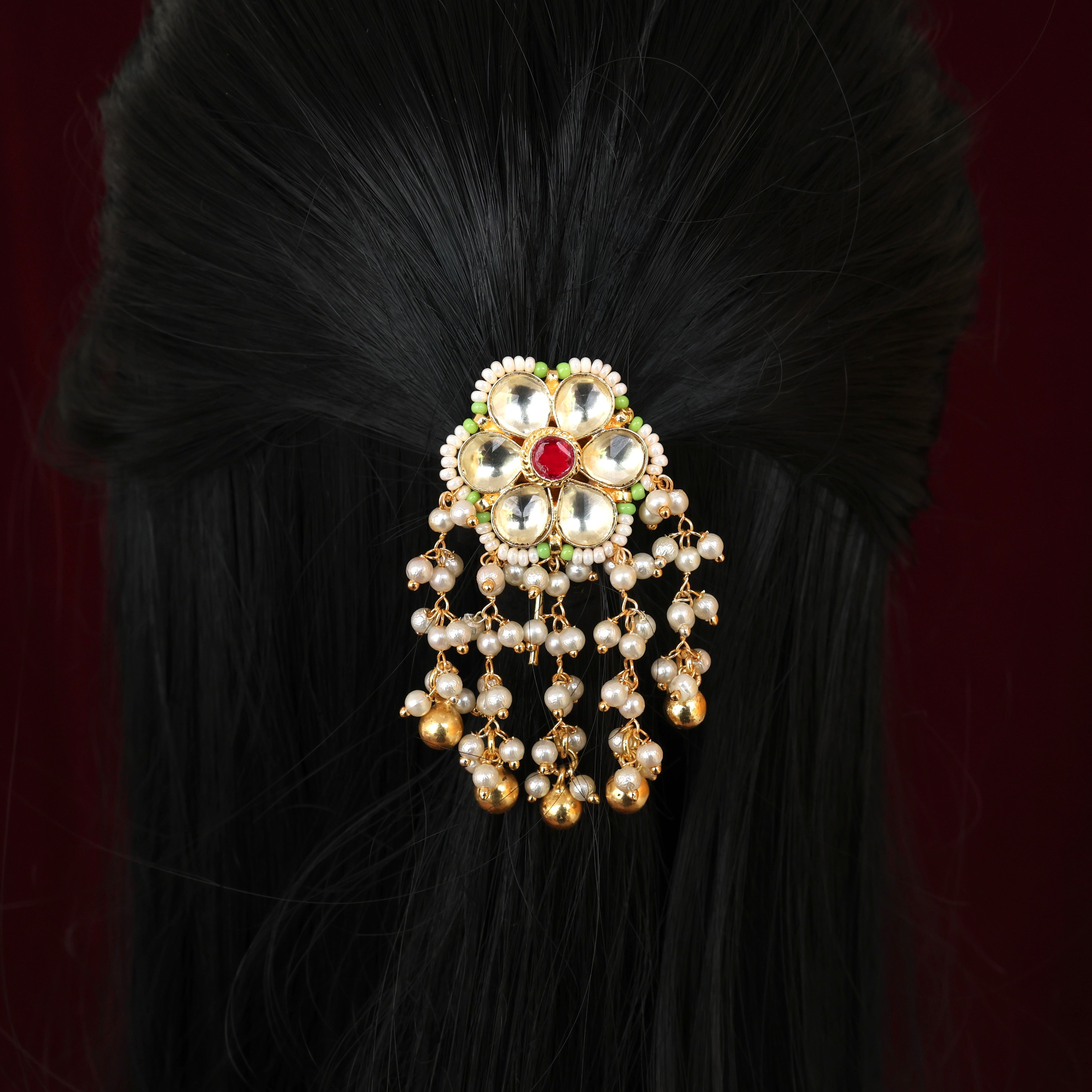 Premium Pachi Kundan Single PIece Hair Choti - Flower Drops