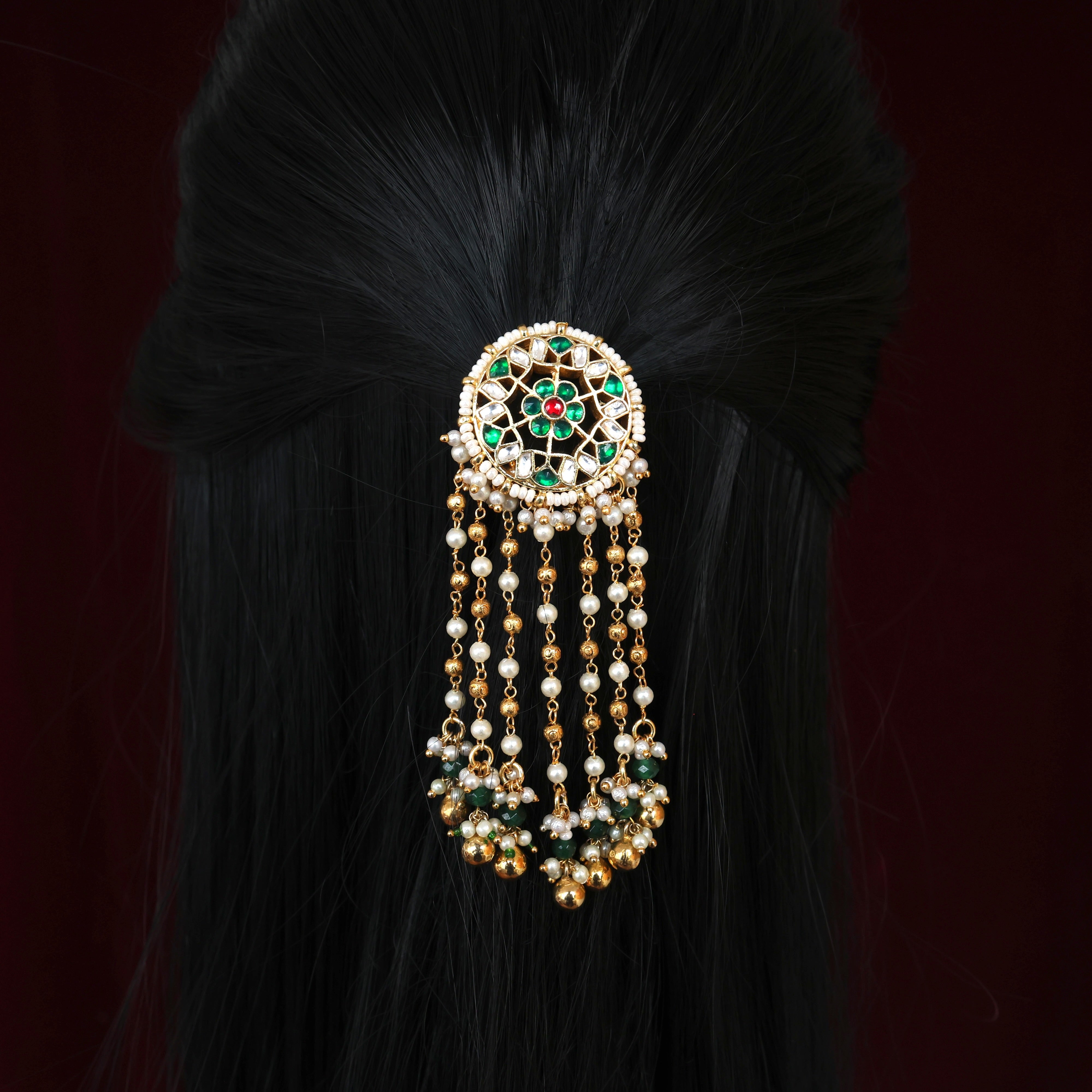 PREMIUM PACHI KUNDAN STAR CHAKRI GOLD PEARL RAINS SINGLE PIECE BRIDAL CHOTI